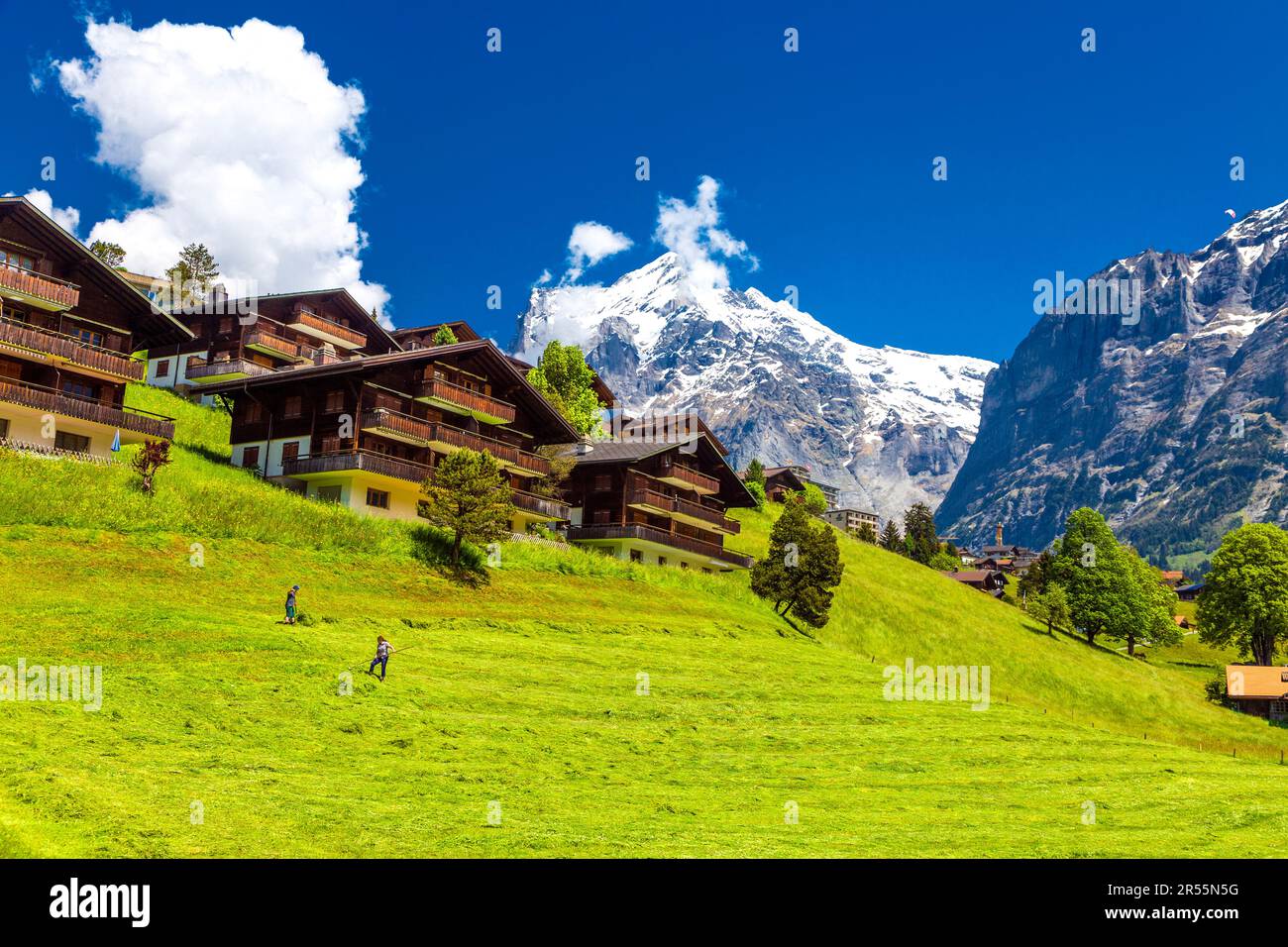 Schweizer Holzhütten mit Wetterhorn und Mattenberg in Grindelwald, Schweizer Alpen, Schweiz Stockfoto