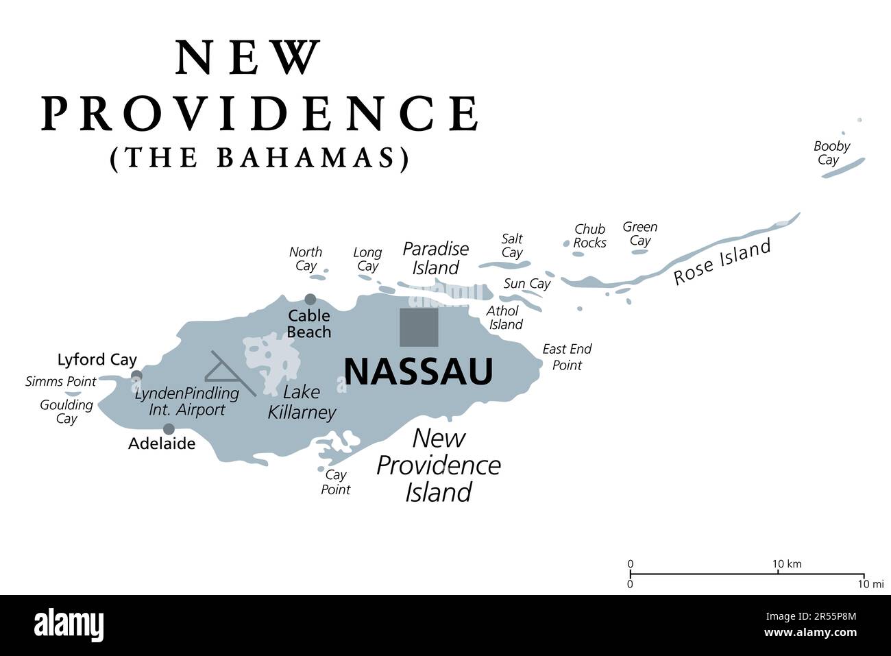 New Providence Island, graue politische Karte, mit Nassau, Hauptstadt der Bahamas, einem Inselland auf den Westindischen Inseln im Nordatlantik. Stockfoto