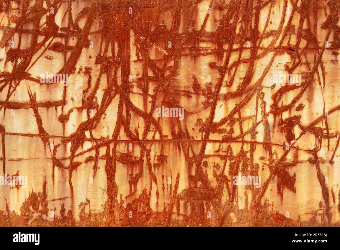 Eine rot-braune Abstraktion von zerkratzten rostigen Linien und Texturen auf einer alten verwitterten Metalloberfläche. Zufällige Aufprallspuren an einer Stahlwand. Sieht Gut Aus Stockfoto