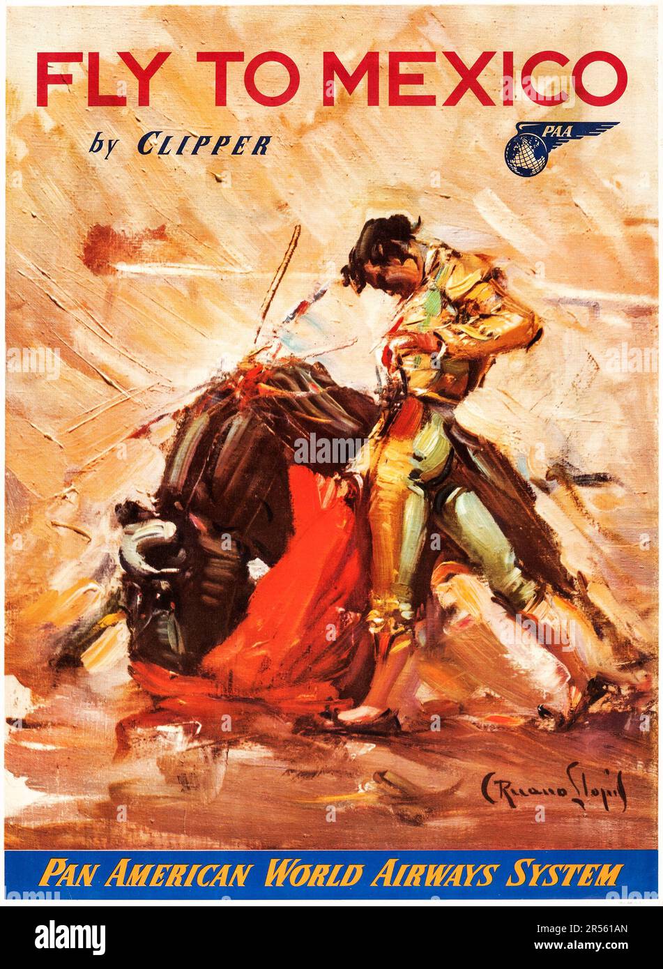 Stierkampf – Fliegen Sie nach Mexiko (Pan American Airways, ca. 1950er). Mexikanisches Reiseposter - Carlos Ruano Llopis Artwork Stockfoto