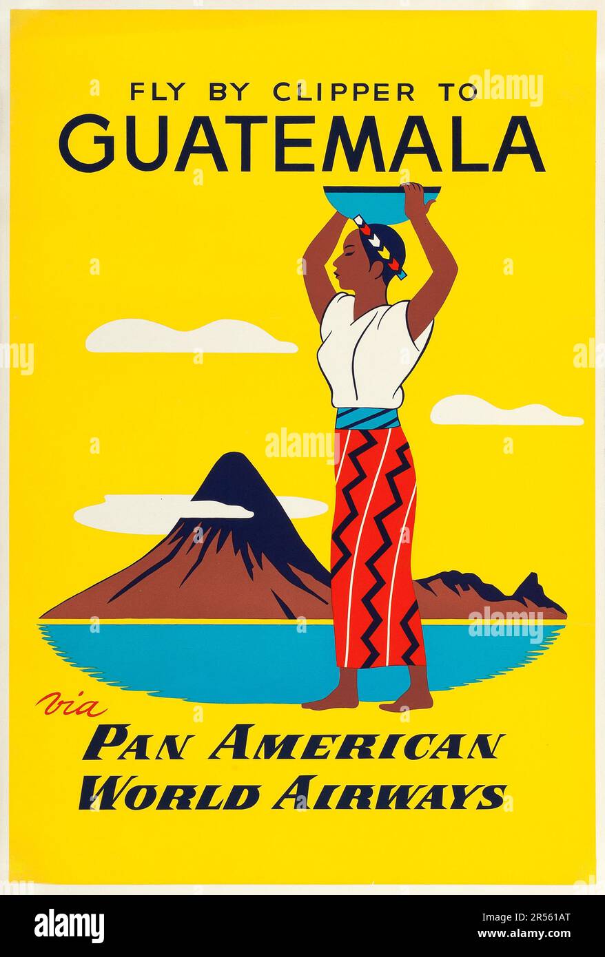 Fliegen Sie mit dem Clipper über Pan American World Airways nach Guatemala. 1950er. Reise-Poster Stockfoto