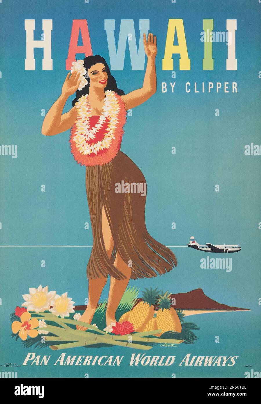 Hawaii by Clipper (Pan American World Airways, 1948) Pan am Travel Poster mit einer hawaiianischen Frau Stockfoto