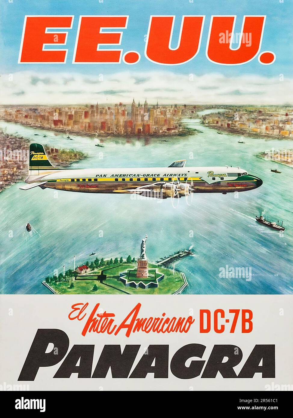 Pan Am - Panagra Airways (Pan American-Grace Airways, 1959). Reiseposter - Illustration eines Flugzeugs und Manhattan New York Stockfoto