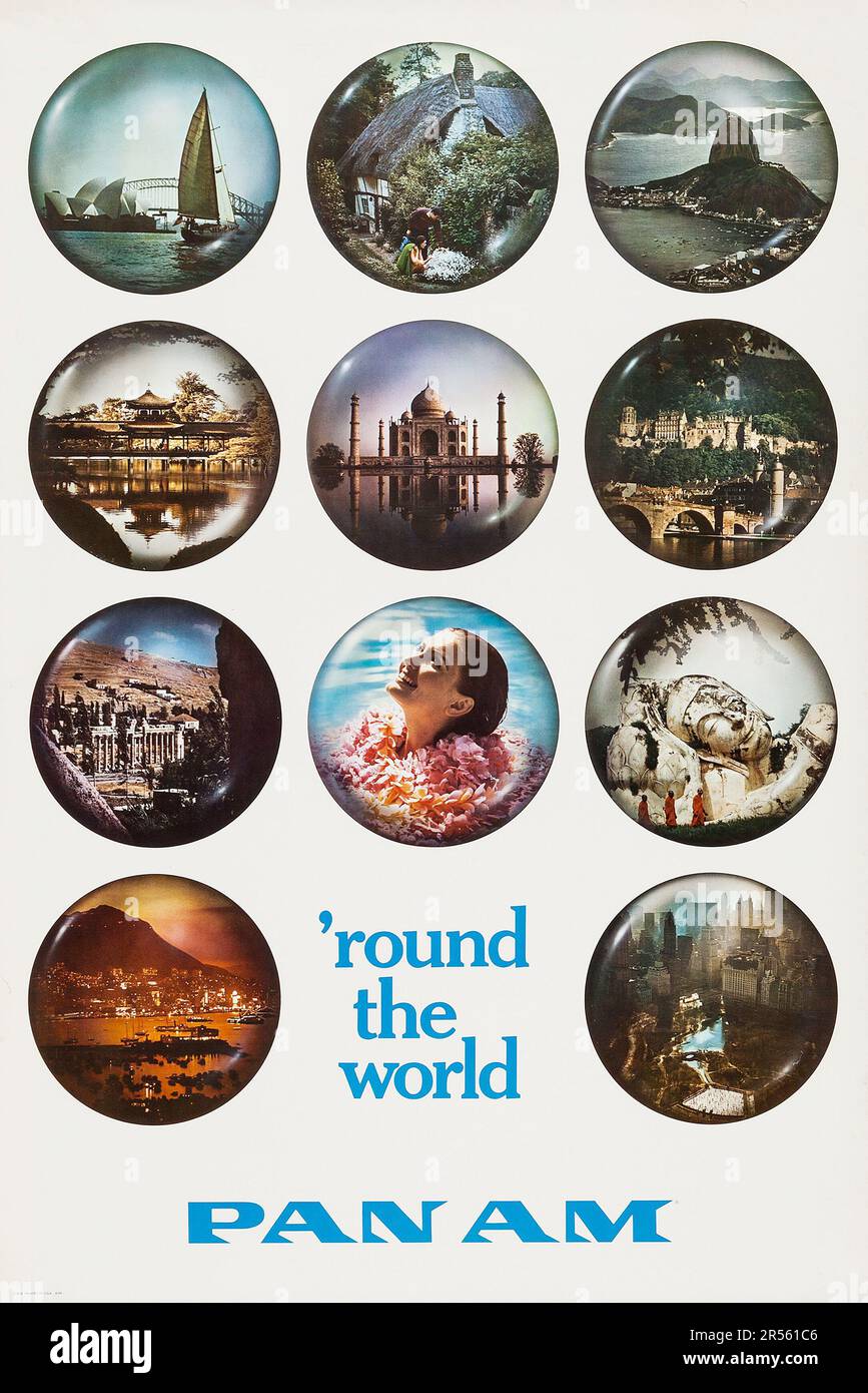 Pan am (panamerikanische Küche, 1960er). Reiseposter - „Round the World“ einschließlich Taj Mahal, Sidney, China und Rio Stockfoto