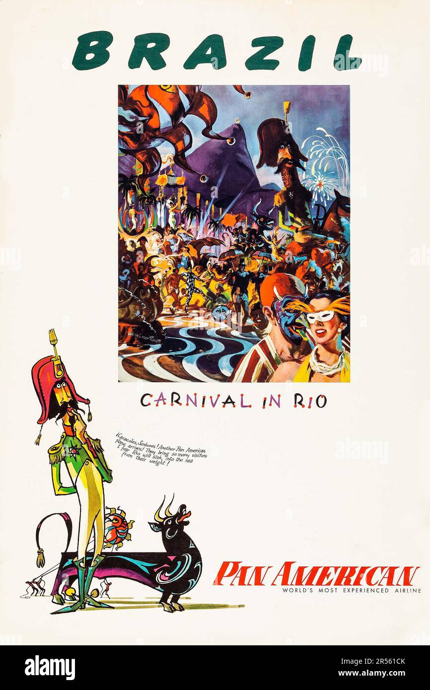 Pan American Airways - Brasilien (1950er). Reiseposter mit Karneval in Rio Stockfoto