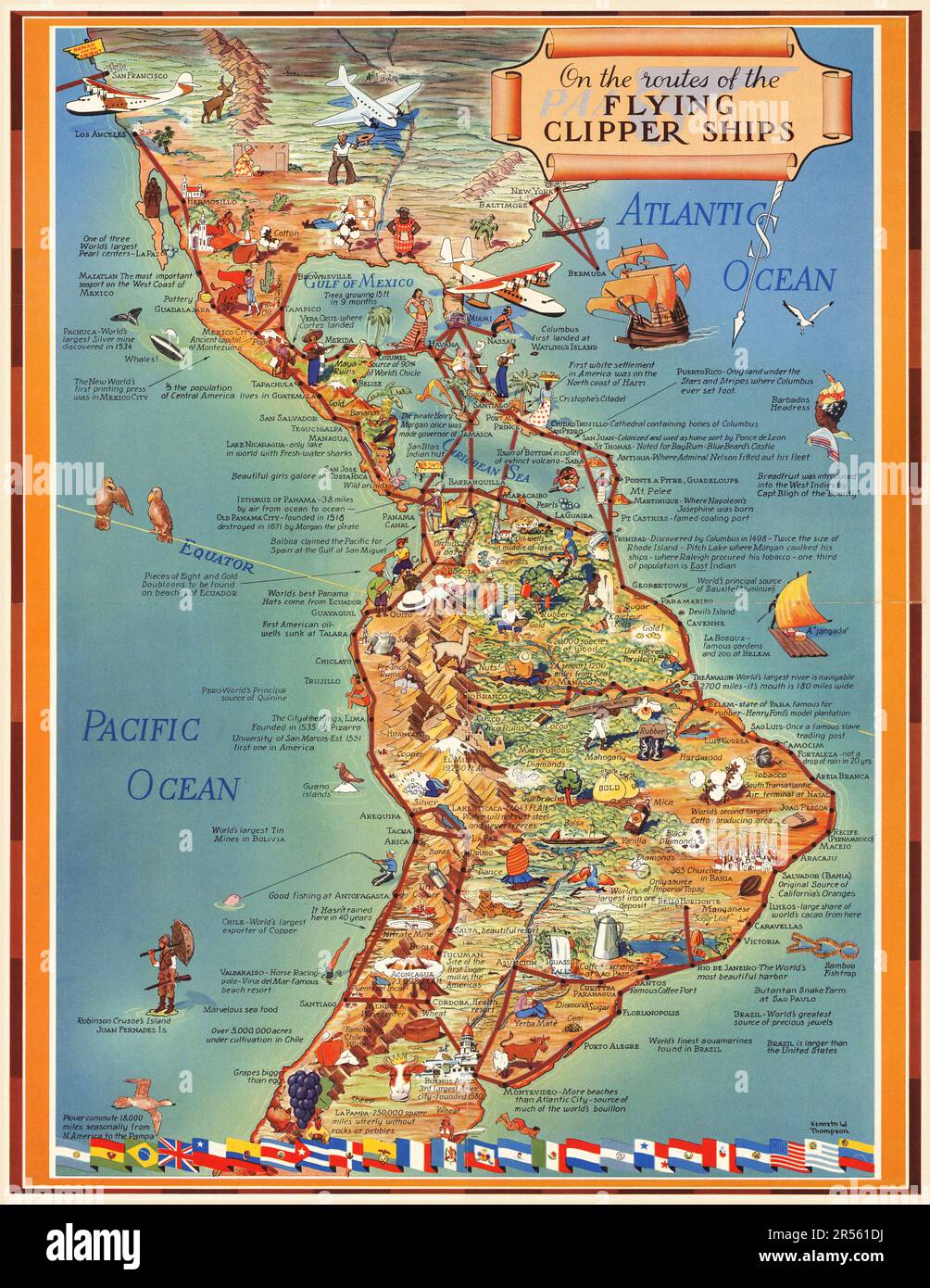Pan American Airways Corporation – Lateinamerika, Flying Clipper Ships, Routen. Thompson-Kunstwerk 1941 Stockfoto