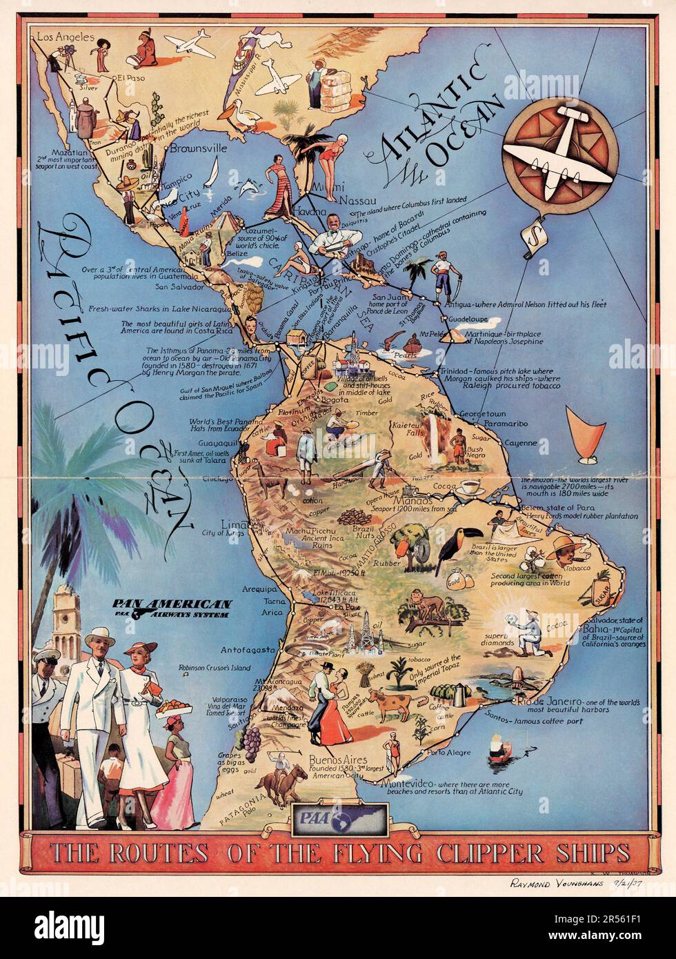 Pan American Airways System Travel Poster - Routen der Flying Clipper Ships 1937 - Südamerikanische Bildkarte Stockfoto