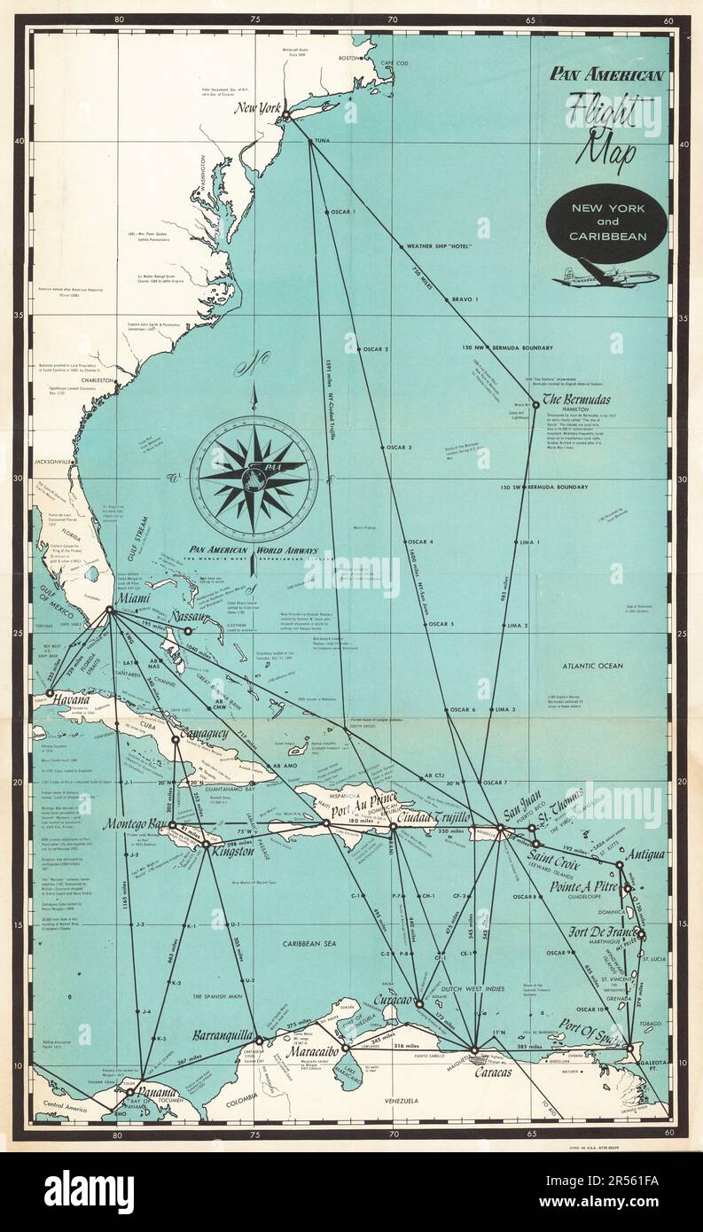 Pan American Flugkarte, New York und Karibik 1950 - Farbkarte, Routen zu großen Städten anzeigen Stockfoto