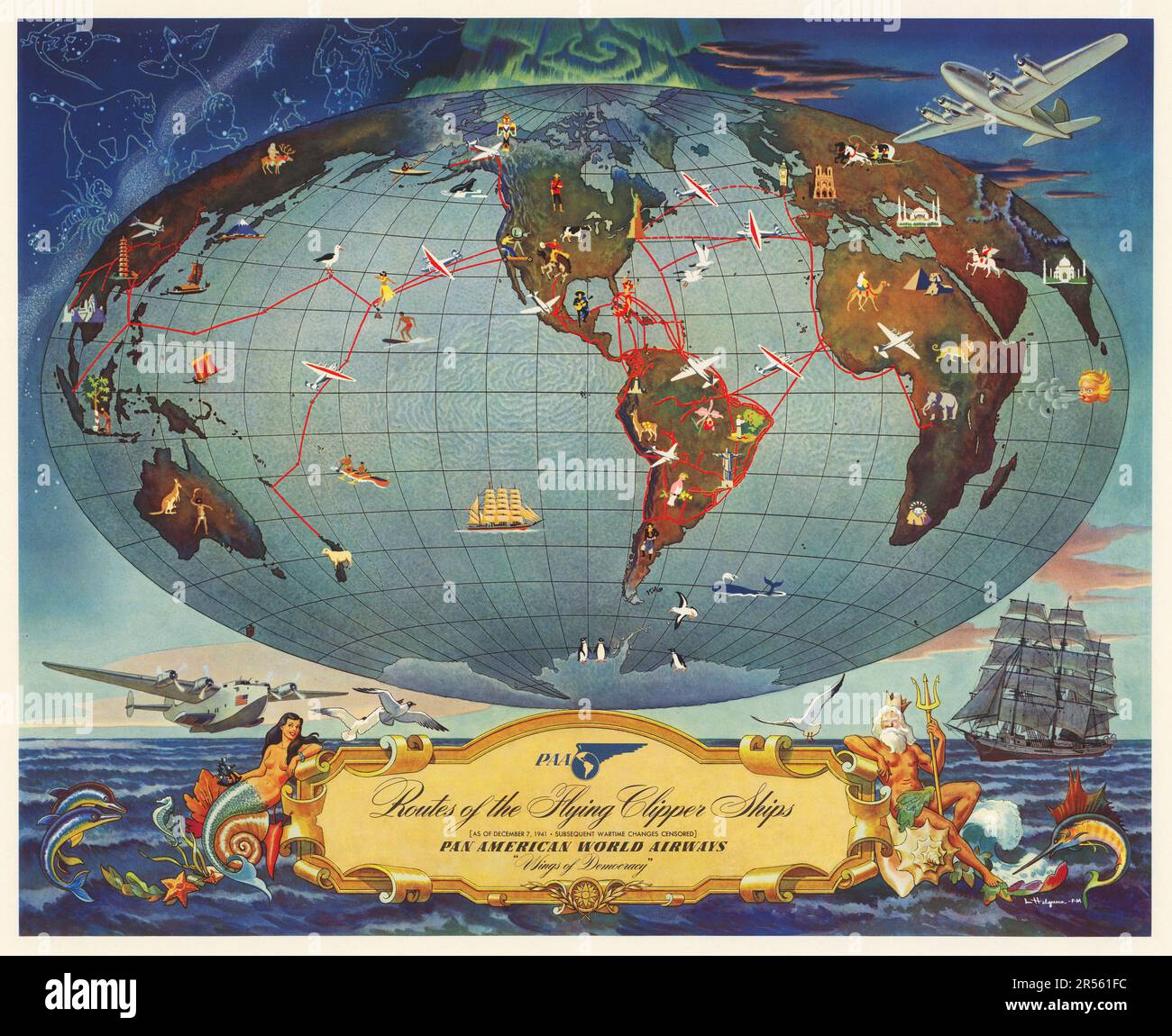 Pan American Poster 1941, Routes of the Flying Clipper Ships. Dekorative Weltkarte mit Flugstrecken von Pan am - Helgura-Kunstwerken Stockfoto