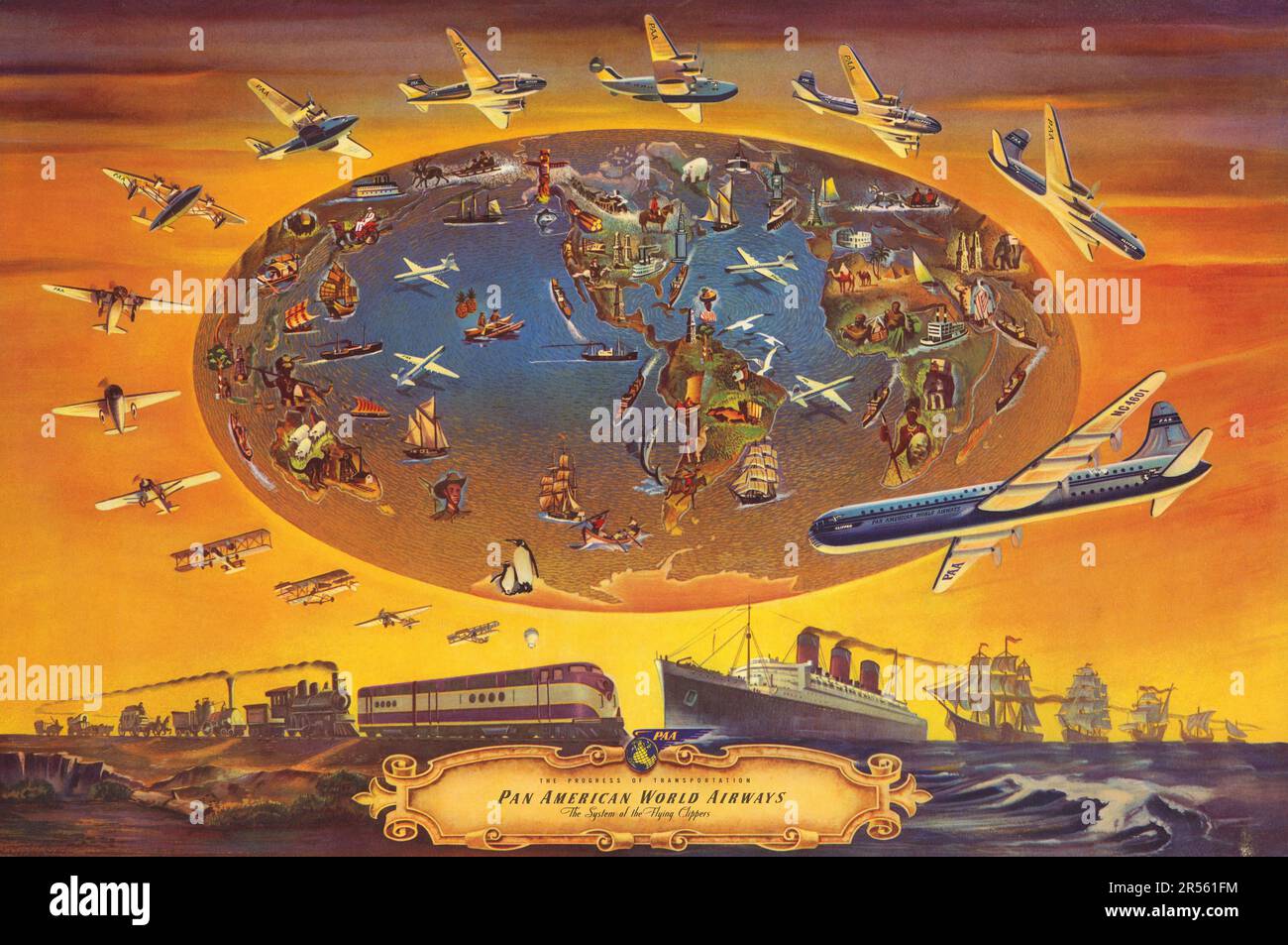 Pan American World Airways - 1946 - Bildkarte mit Pan-am-Routen einschließlich der Entwicklung von Schiffen, Flugzeugen und Zügen Stockfoto