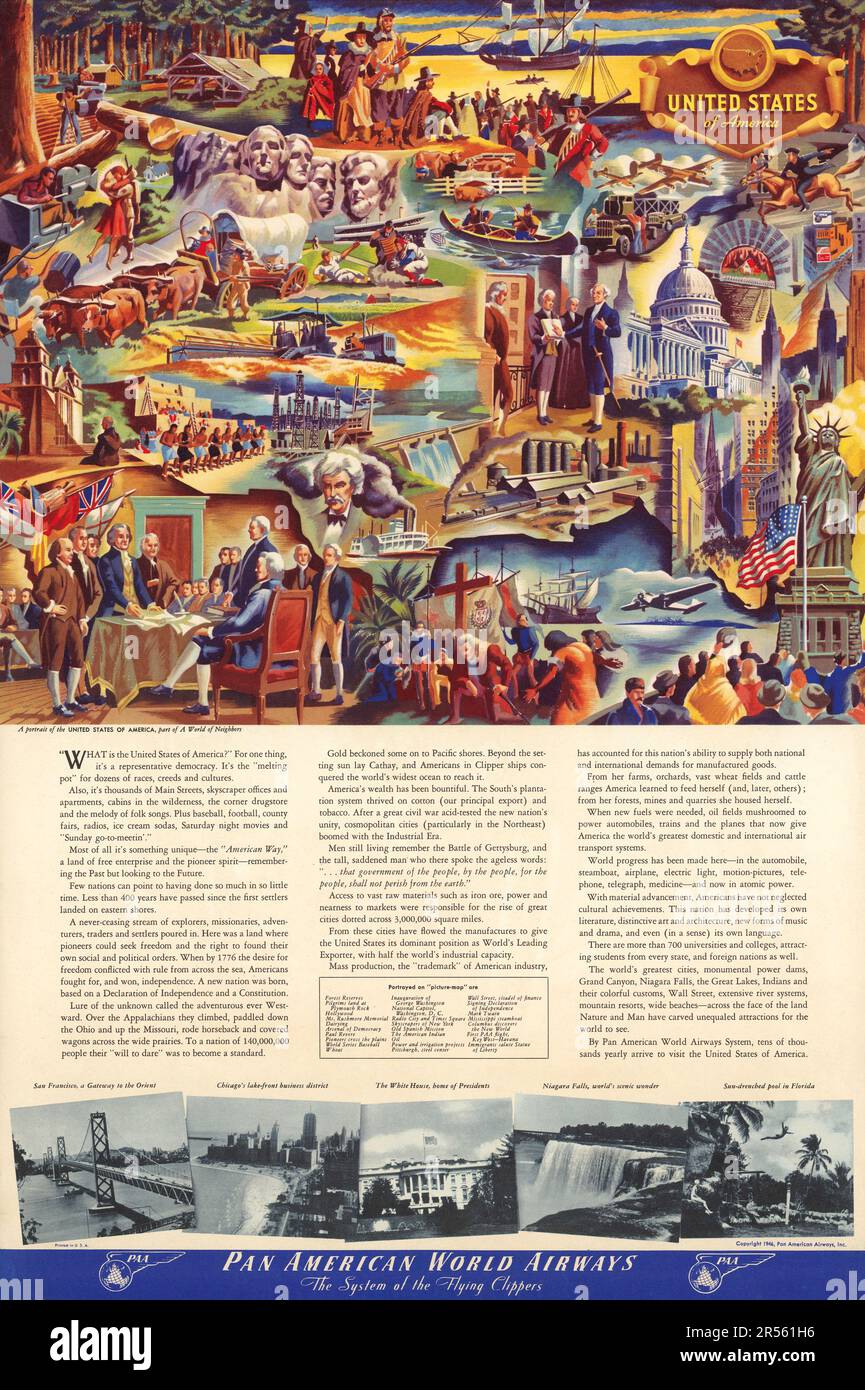 Pan American World Airways 1946 - Travel Poster America, Vereinigte Staaten von Amerika. Bildkarte. Porträt der USA Stockfoto