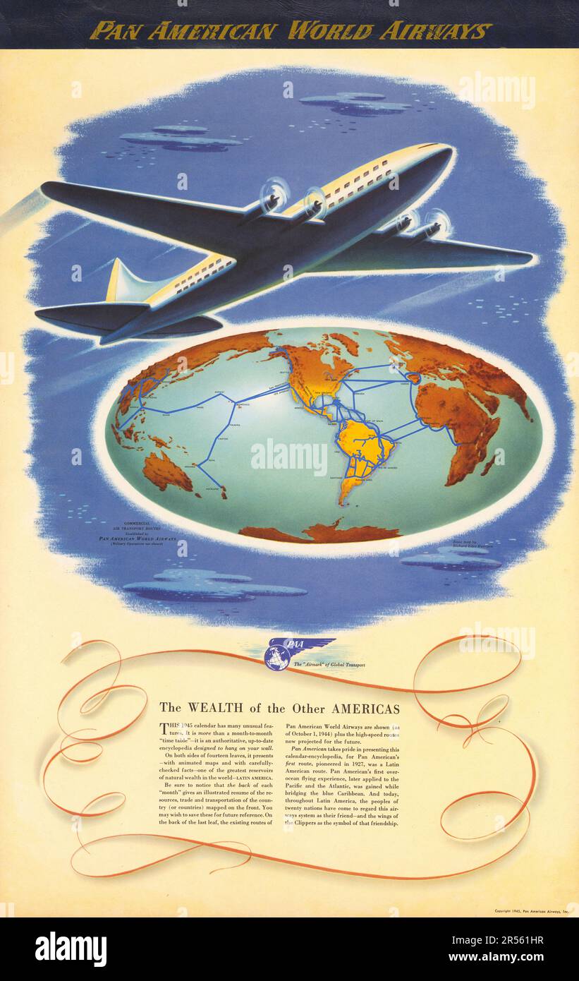 Pan American World Airways, Inc. 1945 – Reiseposter – der Reichtum anderer Nord- und Südamerika Stockfoto