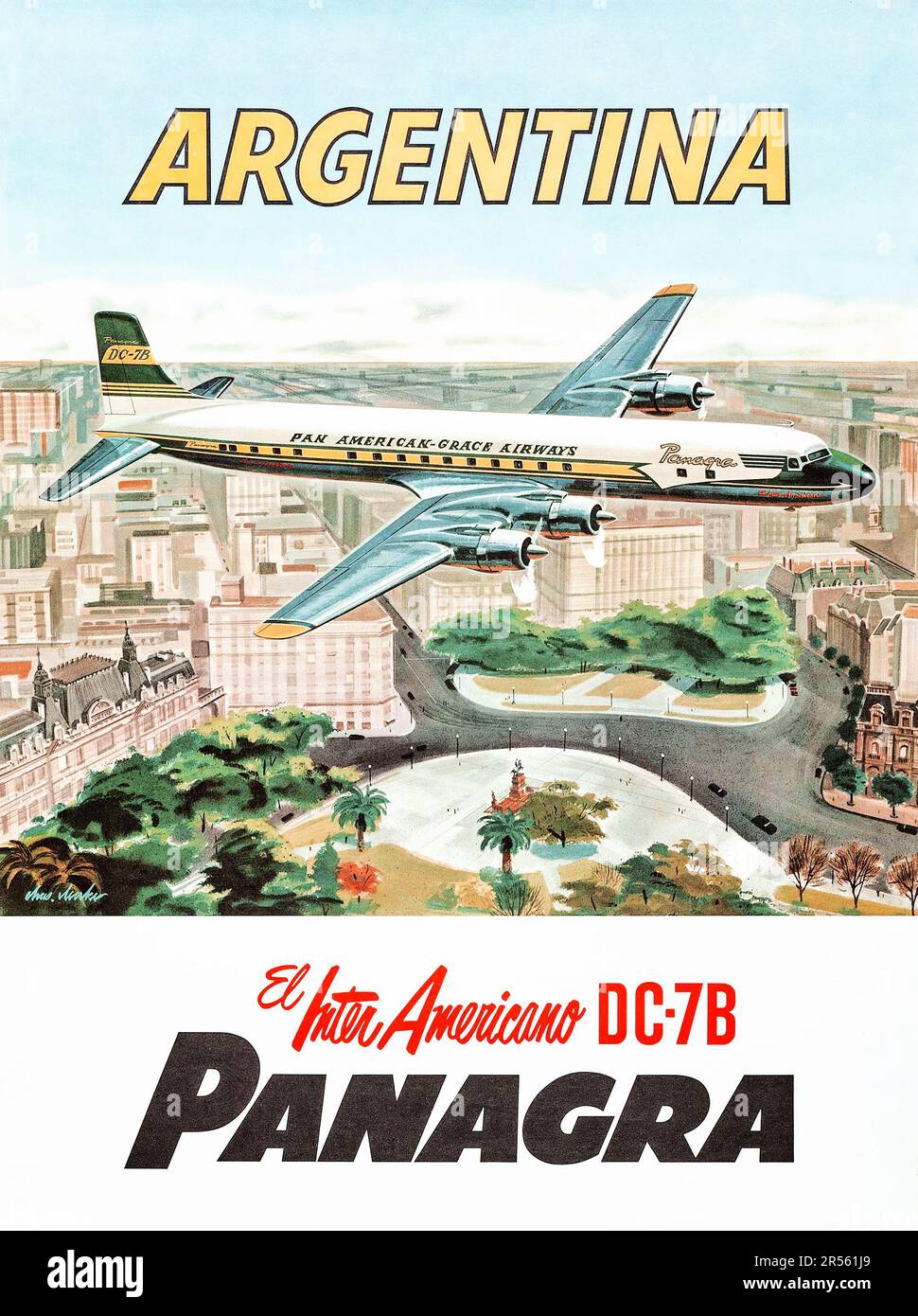 Panagra Airways - Argentinien (Pan American-Grace Airways, 1959). Reiseposter - El Inter Americano DC-7B Stockfoto