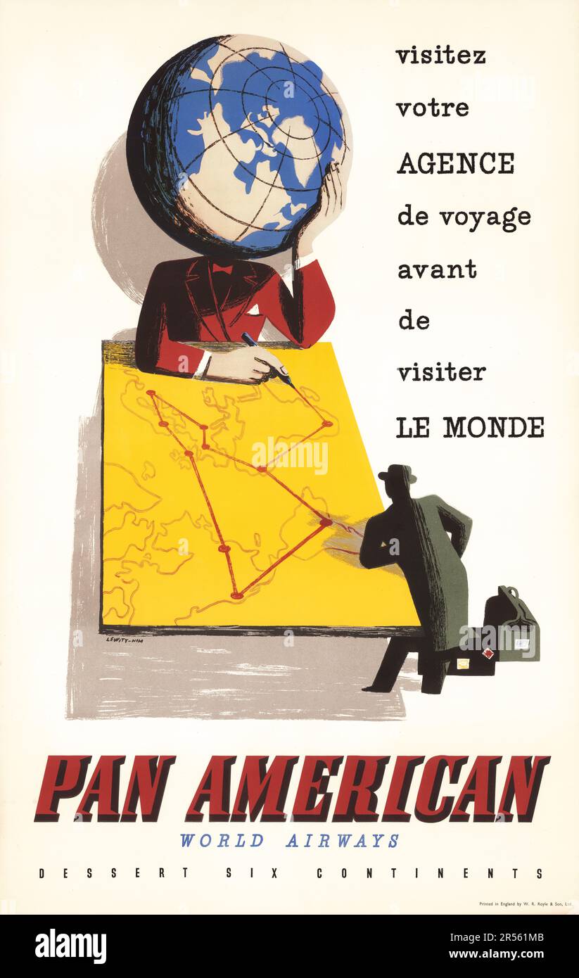 Reiseposter - Pan am 1939 - Pan American World Airways Dessert Six Continents. Visitz votre Agence de Voyage Avant de Visiter Le Monde. Lewitt Stockfoto