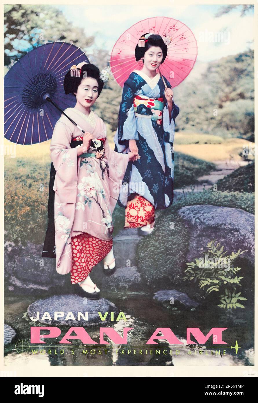 Zwei Geishas mit Sonnenschirmen - Pan am - Japan via Pan am (1960er). American Travel Poster Stockfoto