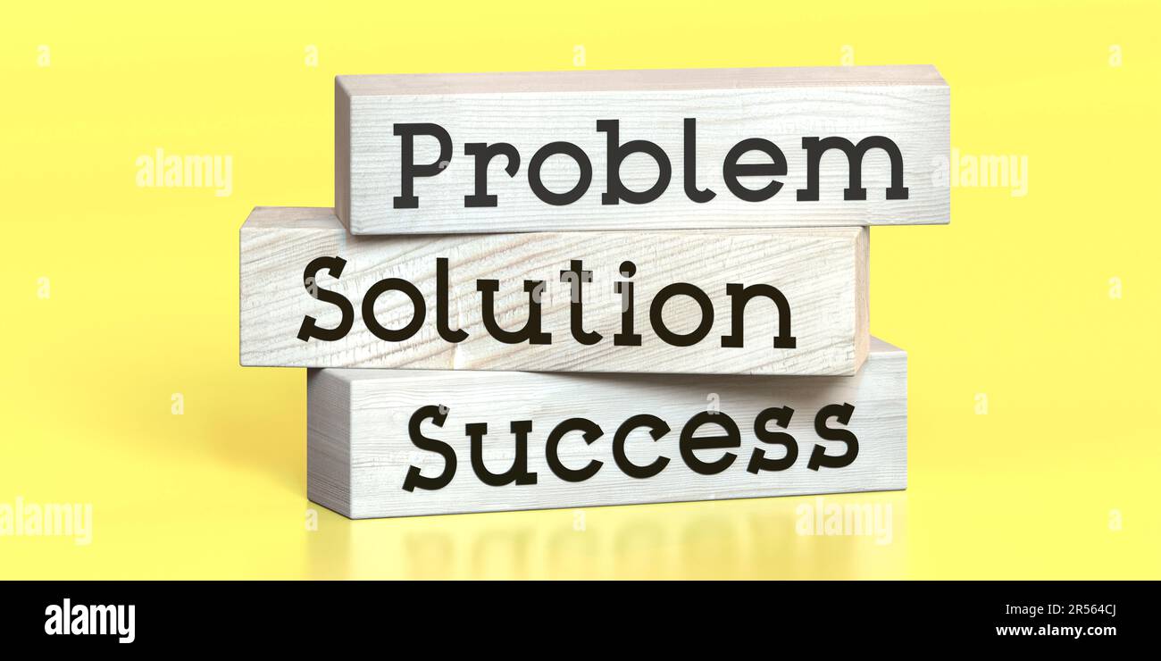 Problem, Lösung, Erfolg – Wörter auf Holzblöcken – 3D Abbildung Stockfoto