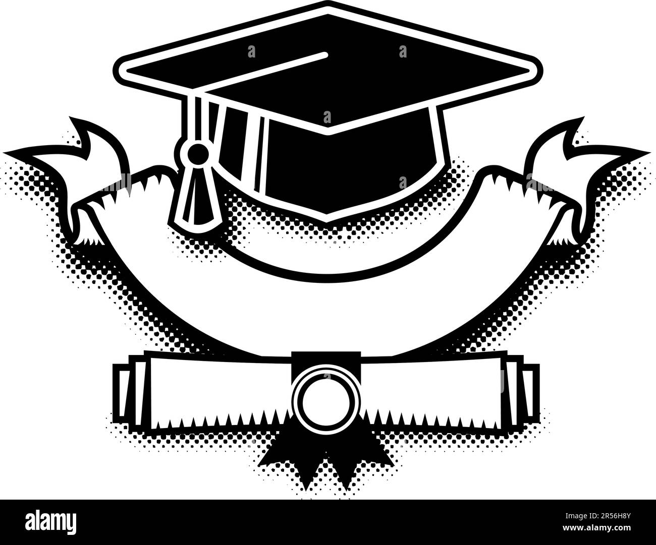 Graduierungskappe und Bildlaufleiste mit gelbem Band für Ihre Textvorlage. Vektor auf transparentem Hintergrund Stock Vektor