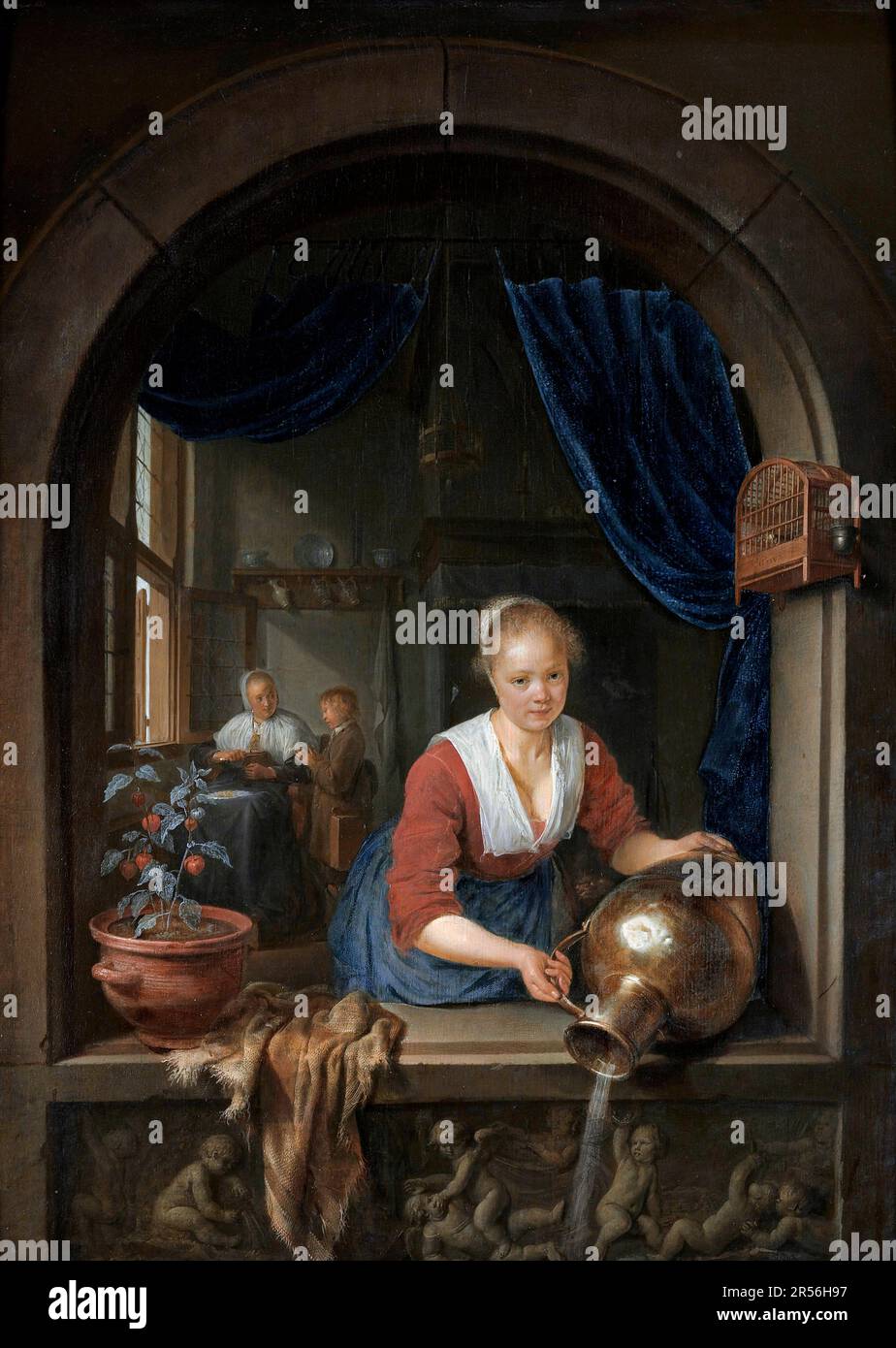 Zimmermädchen am Fenster von Gerrit Dou (1613-1675), Öl auf Platte, ca. 1660 Stockfoto