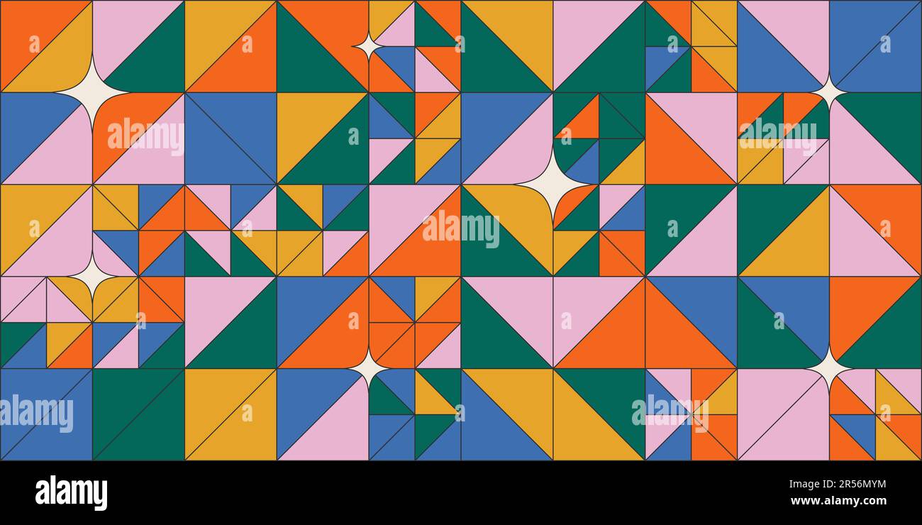 Einfaches geometrisches abstraktes Vektormuster mit verschiedenen Formen, Sternen und Regenbogenfarben. Horizontaler Hintergrund für coolen, flippigen Style. Coole Grafik Stock Vektor