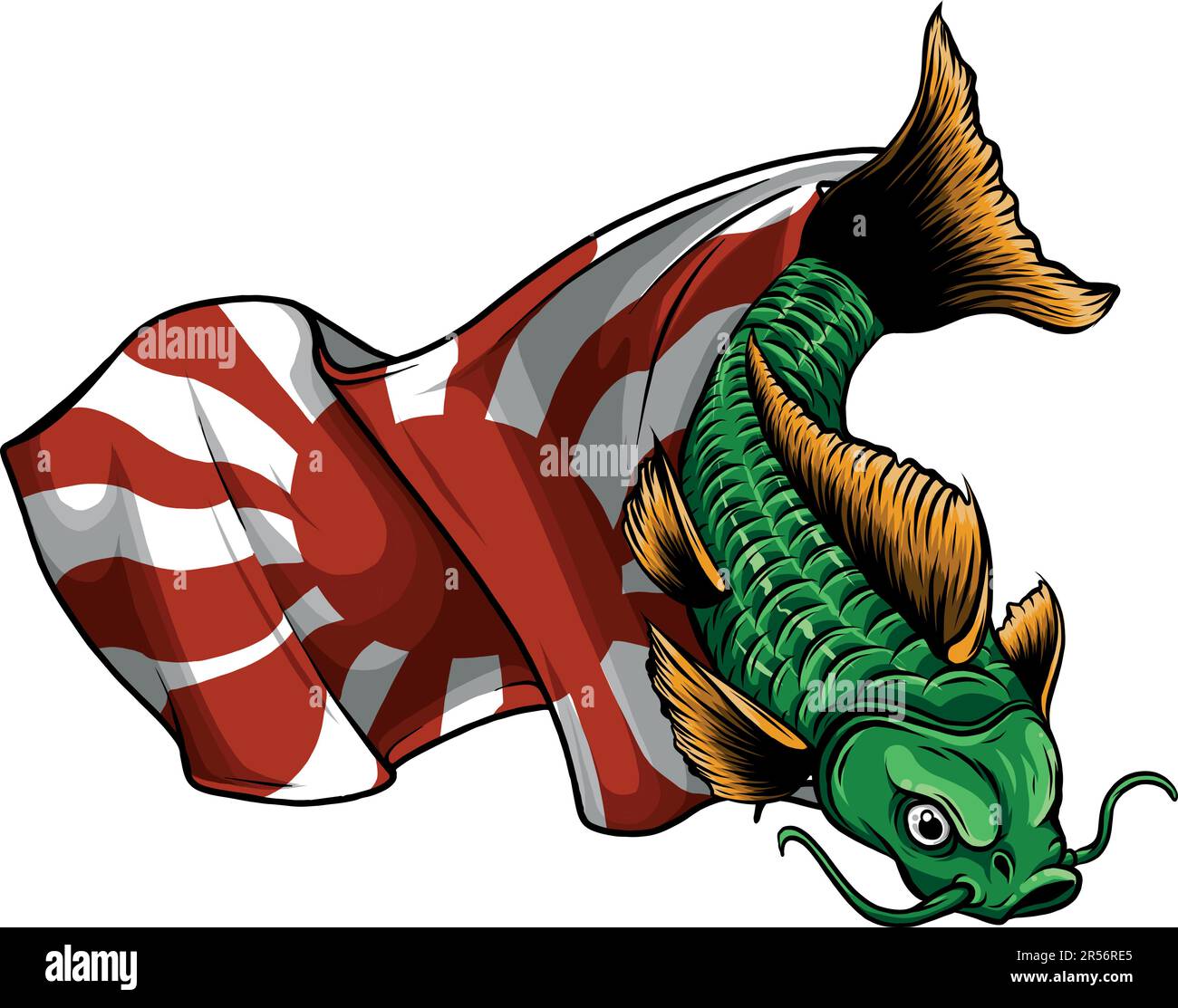 Vektordarstellung von Koi-Fischen mit aufsteigender Sonnenflagge Stock Vektor