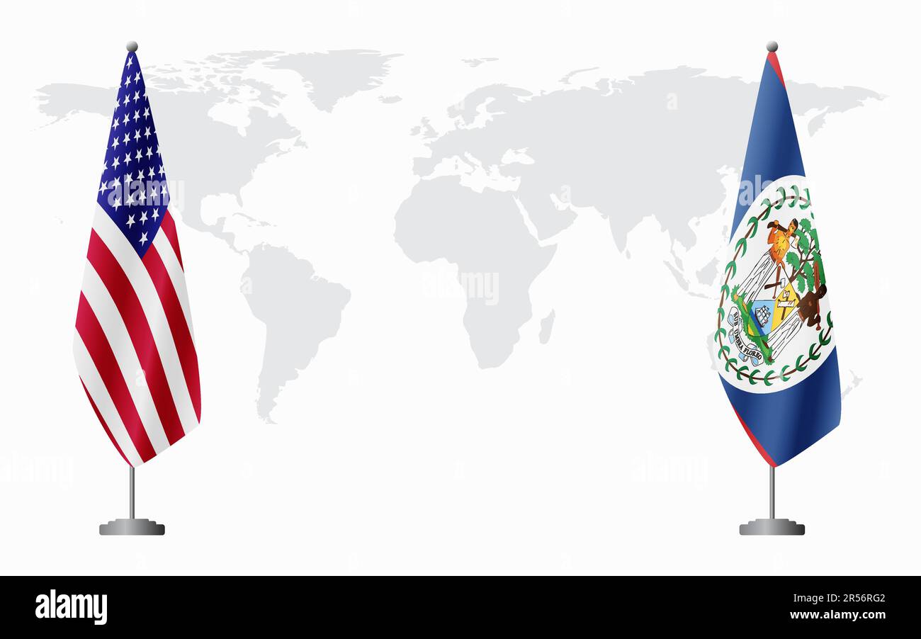 Flaggen der Vereinigten Staaten und Belize für offizielles Treffen vor dem Hintergrund der Weltkarte. Stock Vektor