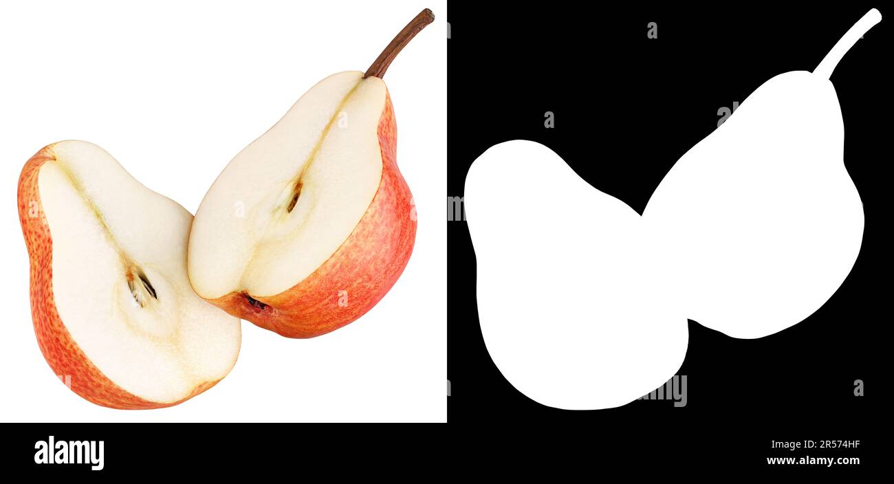 Halbierte rote Birne isoliert auf weißem Hintergrund mit Schnittmaske (Alphakanal) für schnelle Isolierung. Volle Schärfentiefe. Stockfoto