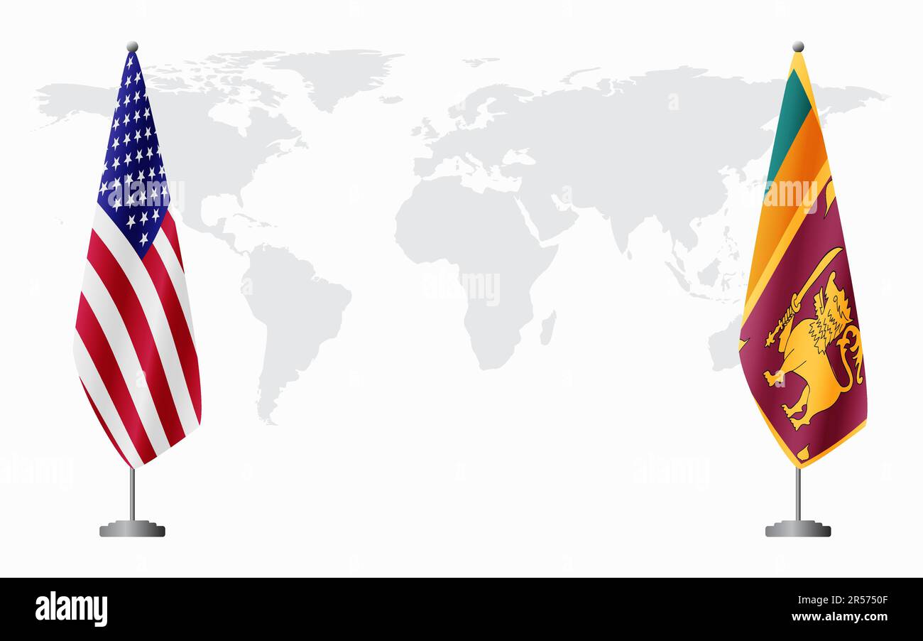 Flaggen der Vereinigten Staaten und Sri Lankas für offizielles Treffen vor dem Hintergrund der Weltkarte. Stock Vektor