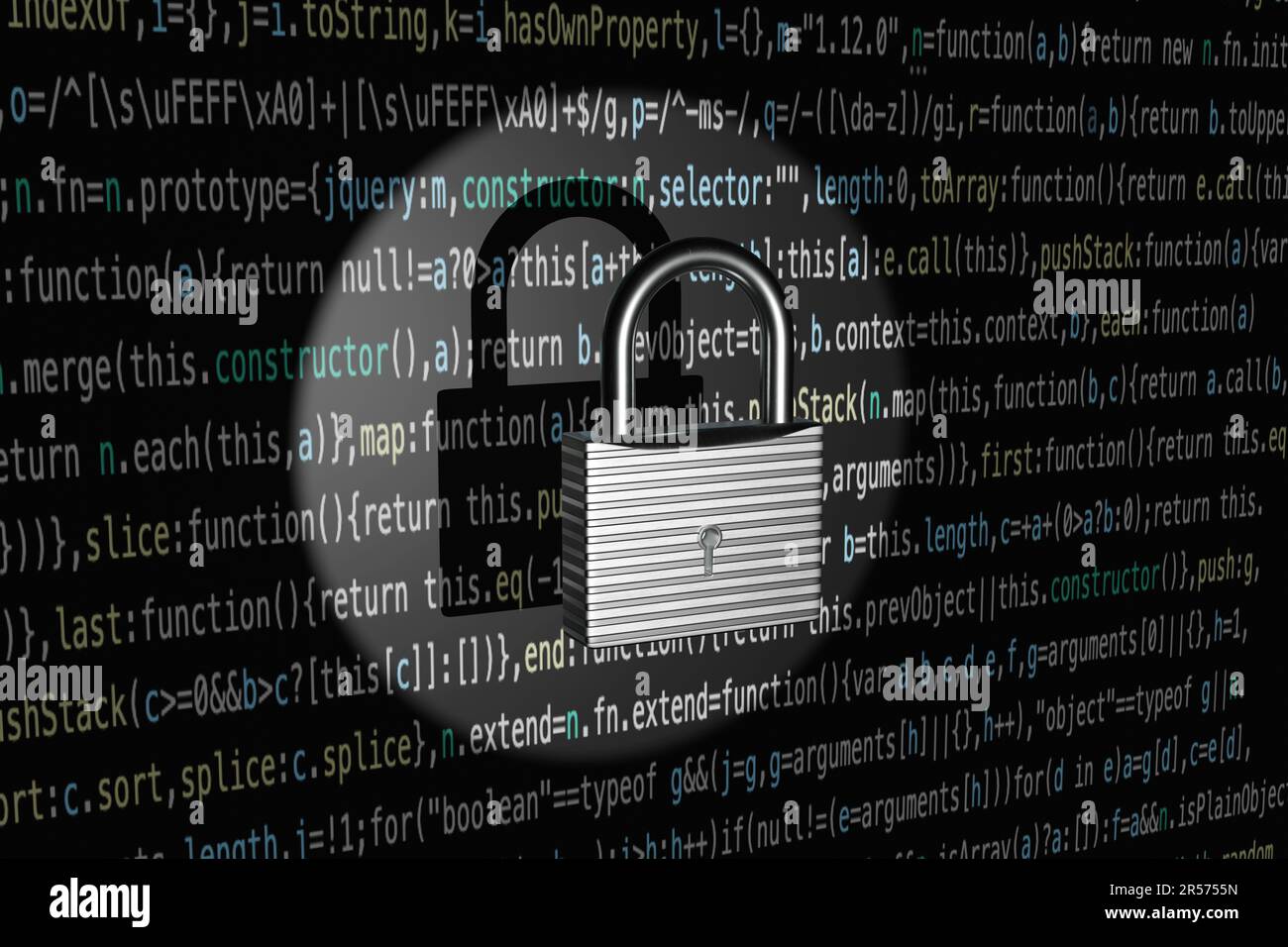 Ein altes silbernes Schloss, das im Rampenlicht hervorgehoben wurde und einen Schatten auf Computerquellencodes projiziert. Sicherheit von Quellcodes für Computerprogrammierung Stockfoto