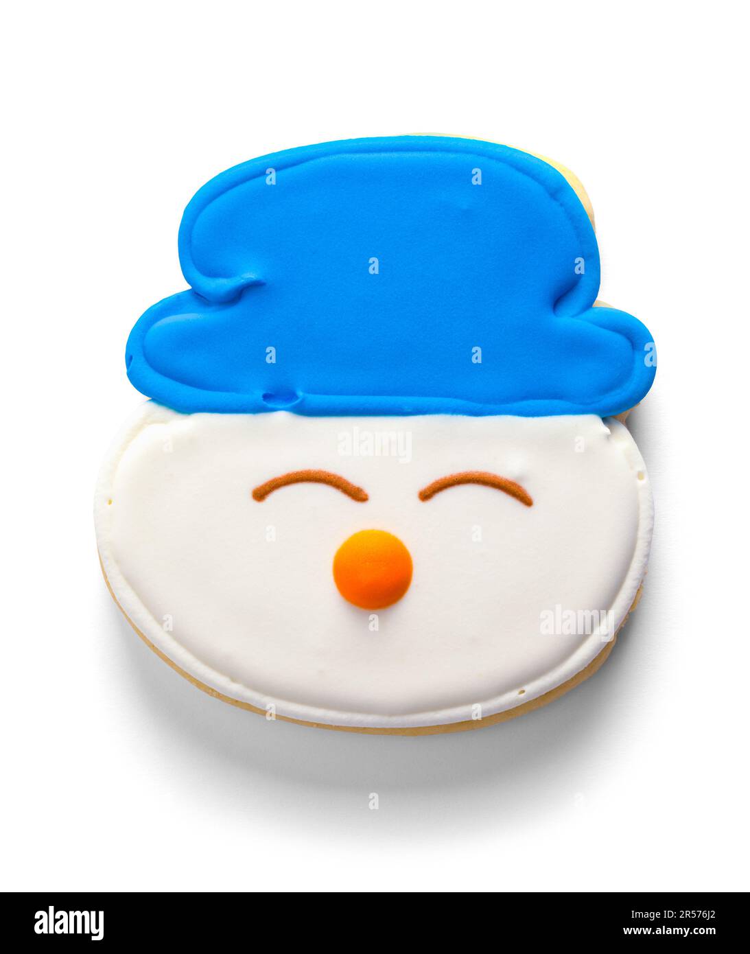 Snowman Sugar Cookie ist auf White ausgeschnitten. Stockfoto