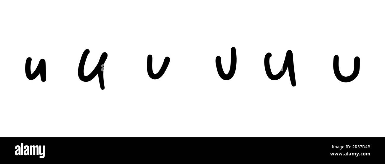 Handgeschriebenes, kinderähnliches schwarzes, englisches lateinisches U-Buchstabensymbol. Vektordarstellung im handgezeichneten Kritzelstil isoliert auf weißem Hintergrund. Für k Stock Vektor