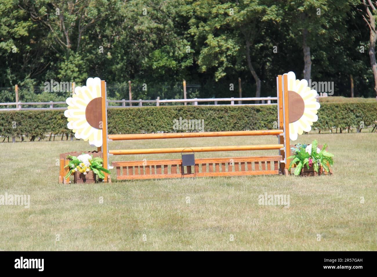 Ein traditioneller hölzerner Pferdesprung mit Blumenmotiv. Stockfoto