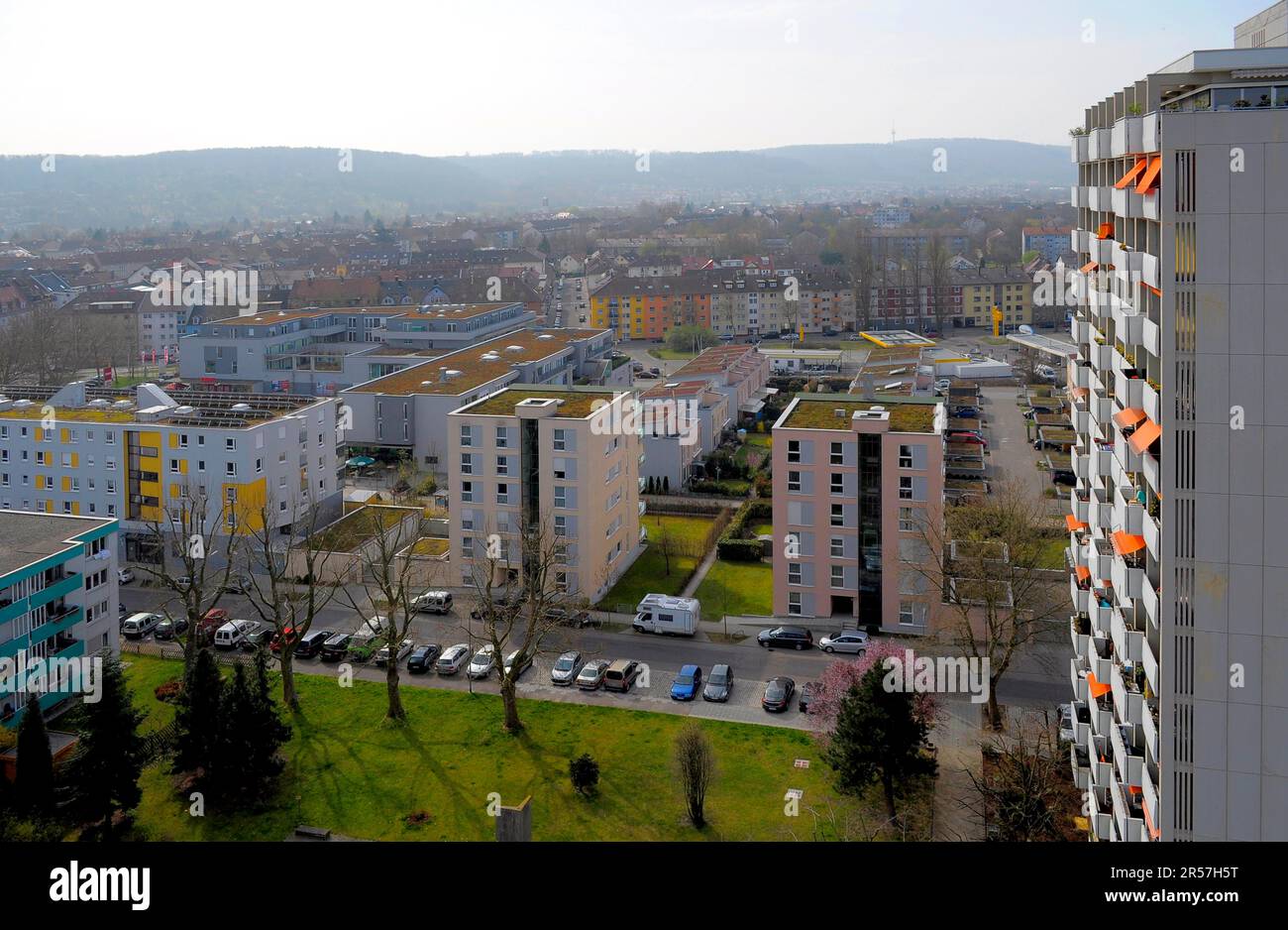 Karlsruhe, Durlach, Hochhaus, Apartmentblock, Blick vom 14. Stock, Wohnsilo, Balkone Stockfoto