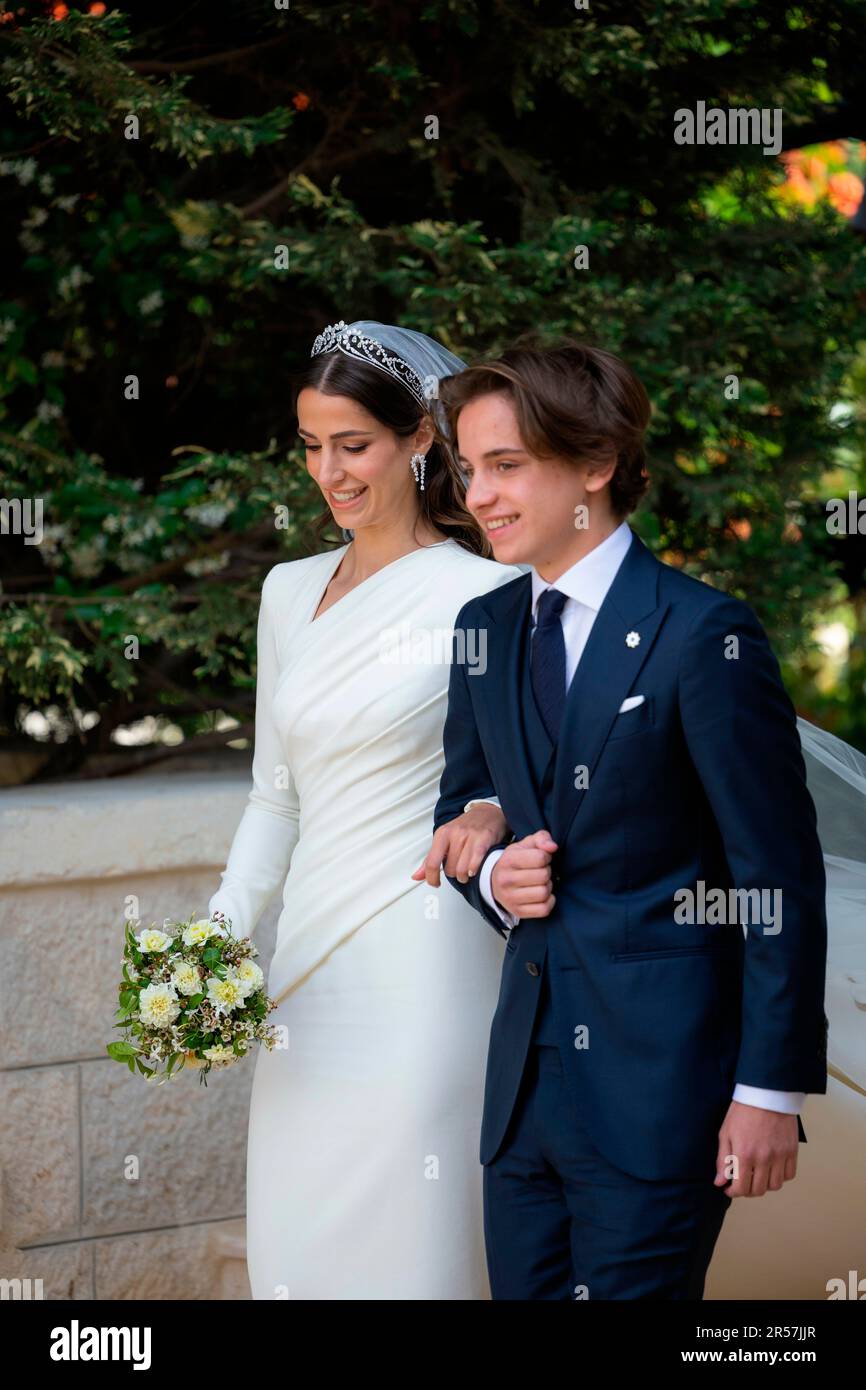 Amman, Jordanien. 01. Juni 2023. Frau Rajwa Alseif und Prinz Hashem bin Abdullah II im Zahran-Palast in Amman am 01. Juni 2023, um an der islamischen Hochzeitszeremonie namens Katb ktab teilzunehmen. Credit: Royal Hashemite Court/Albert Nieboer/Netherlands OUT/Point De Vue OUT/dpa/Alamy Live News Stockfoto