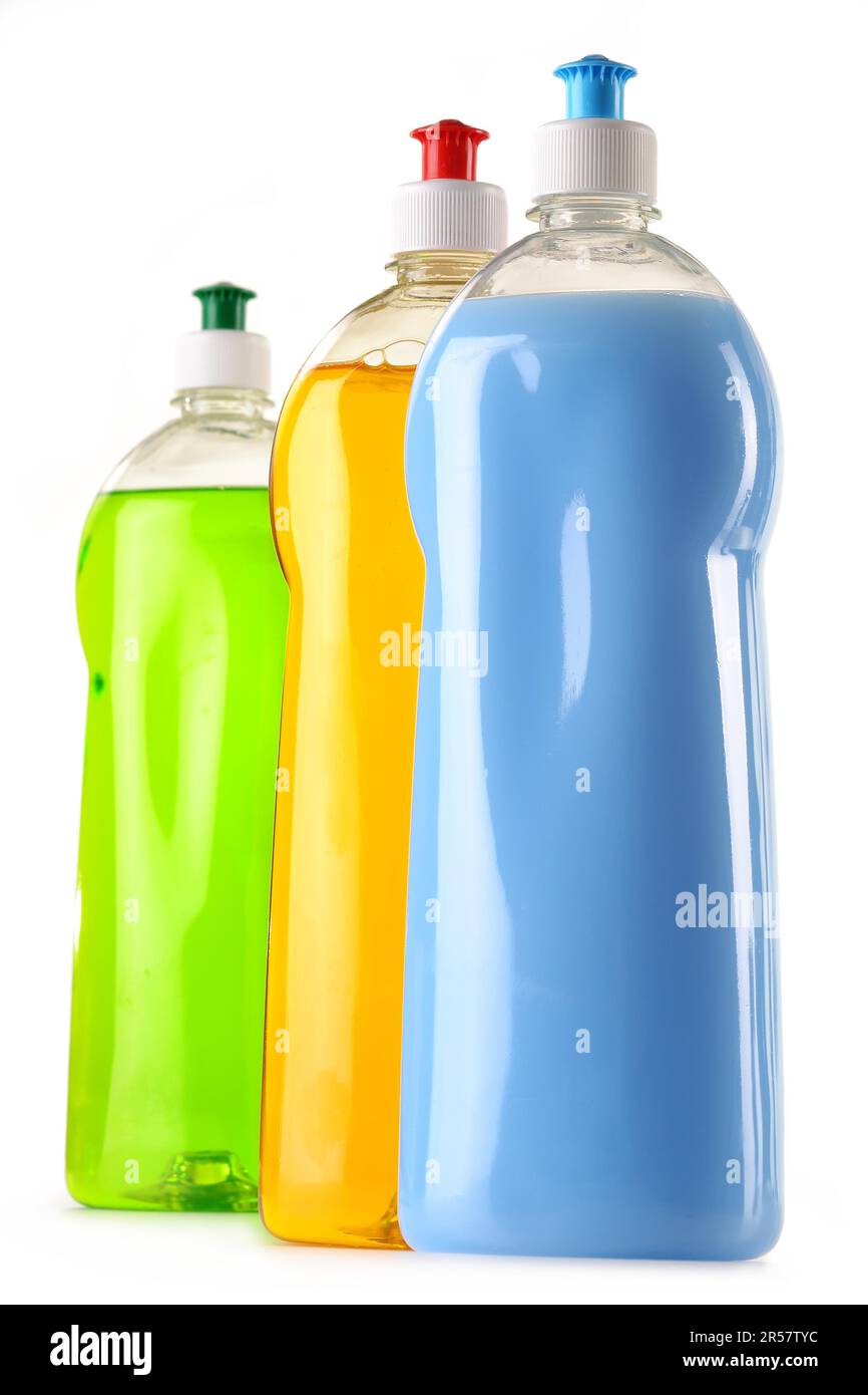 Waschmittel-Flaschen isoliert auf weiss Stockfoto