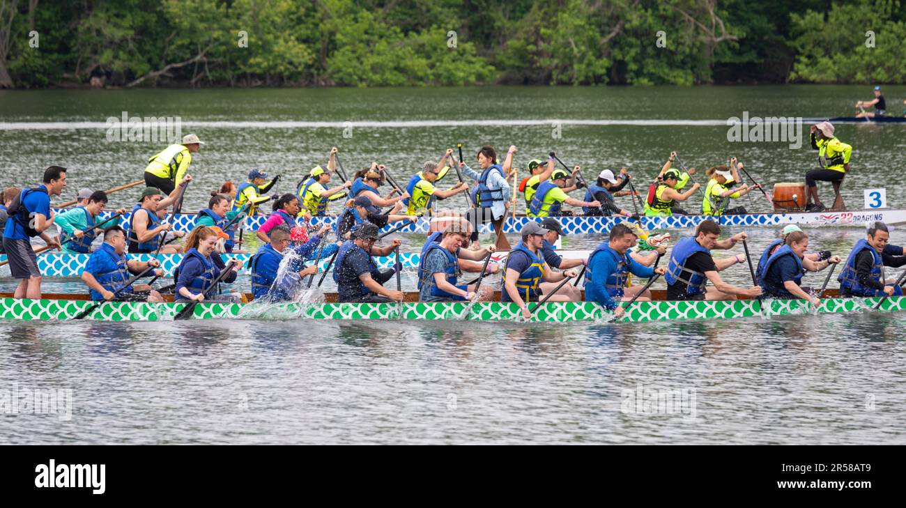 Washington, DC - das DC Dragon Boat Festival auf dem Potomac River. Drachenbootfahren ist eine 2300 Jahre alte chinesische Tradition. Das Washington-Festival ist vorbei Stockfoto