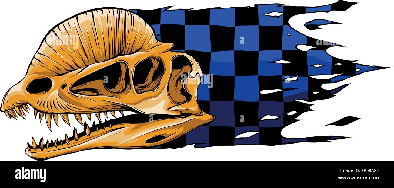 vektordarstellung des dilophosaurus Skull mit Rassenflagge Stock Vektor