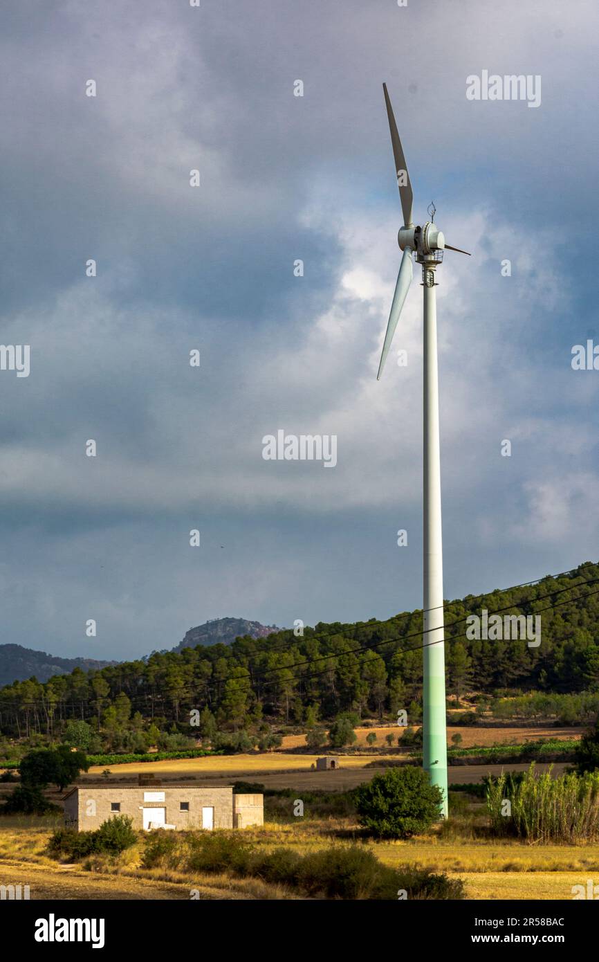 Windturbine in der Nähe eines Bauernhofs, um sich selbst zu ernähren. Stockfoto