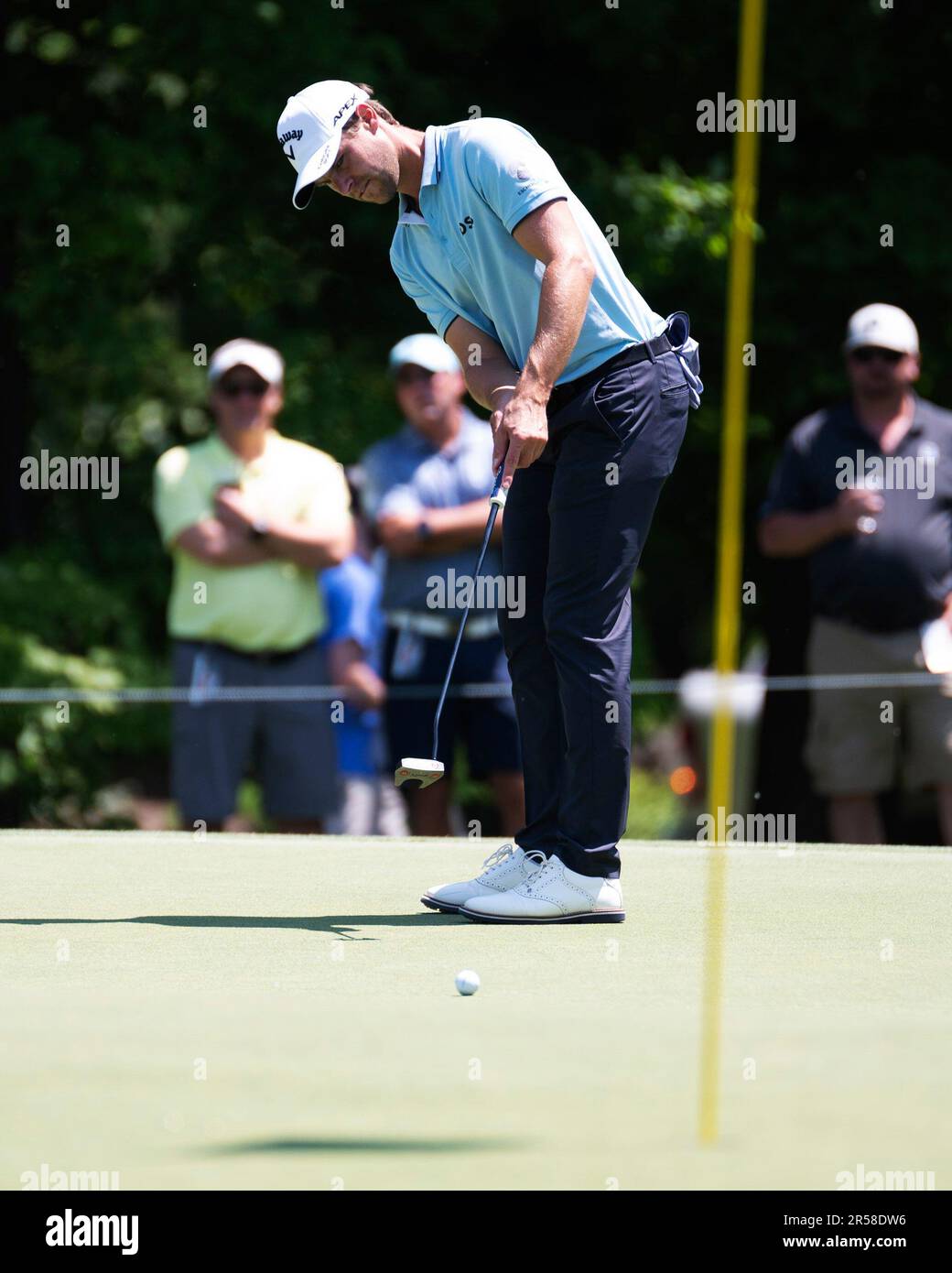 Dublin, Ohio, USA. 1. Juni 2023. Thomas Detry (BEL) versenkt beim Memorial Tournament in Dublin, Ohio, einen Put auf dem 7. Loch. Brent Clark/Cal Sport Media/Alamy Live News Stockfoto