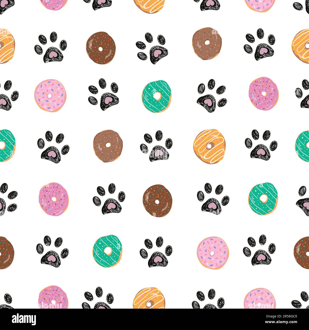 Bunte köstliche Donuts mit Pfotenabdrücken. Nahtloses Material für die Sommerzeit Stock Vektor