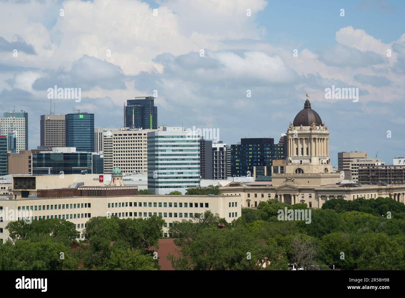 Blick auf die Innenstadt von Winnipeg vom Südwesten aus, Manitoba, Kanada Stockfoto