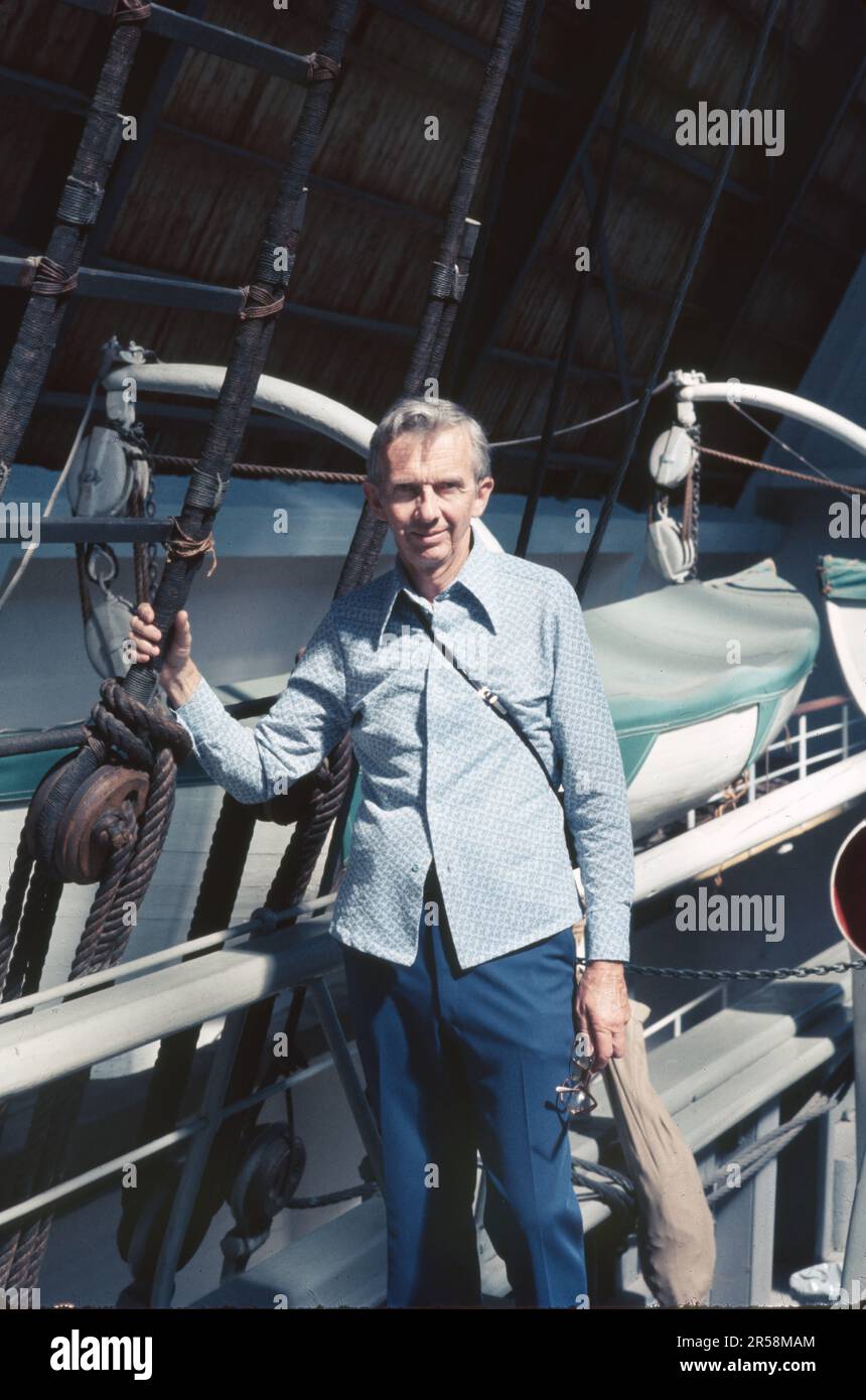 Amerikanischer Tourist in Norwegen auf der Fähre von Dänemark, September 1972. Stockfoto Amerikanischer Tourist in Norwegen auf der Fähre von Dänemark, September 1972. Stockfoto