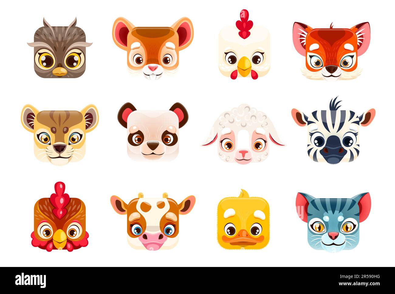 Kawaii-Tiergesichter, quadratische Zeichentrickfilme, niedliche Zoofiguren, Vektorsymbole von Zebra und Panda. Kinder Emoji Aufkleber mit Löwen, Tiger und lustigen Kawaii qu Stock Vektor