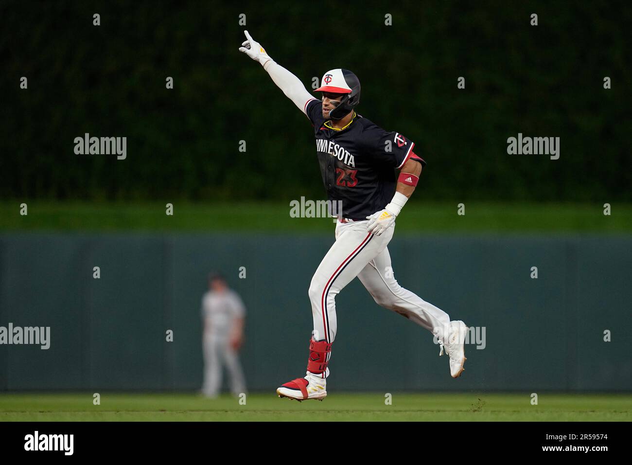 Minnesota Twins' Royce Lewis (23) runs the bases after hitting a two