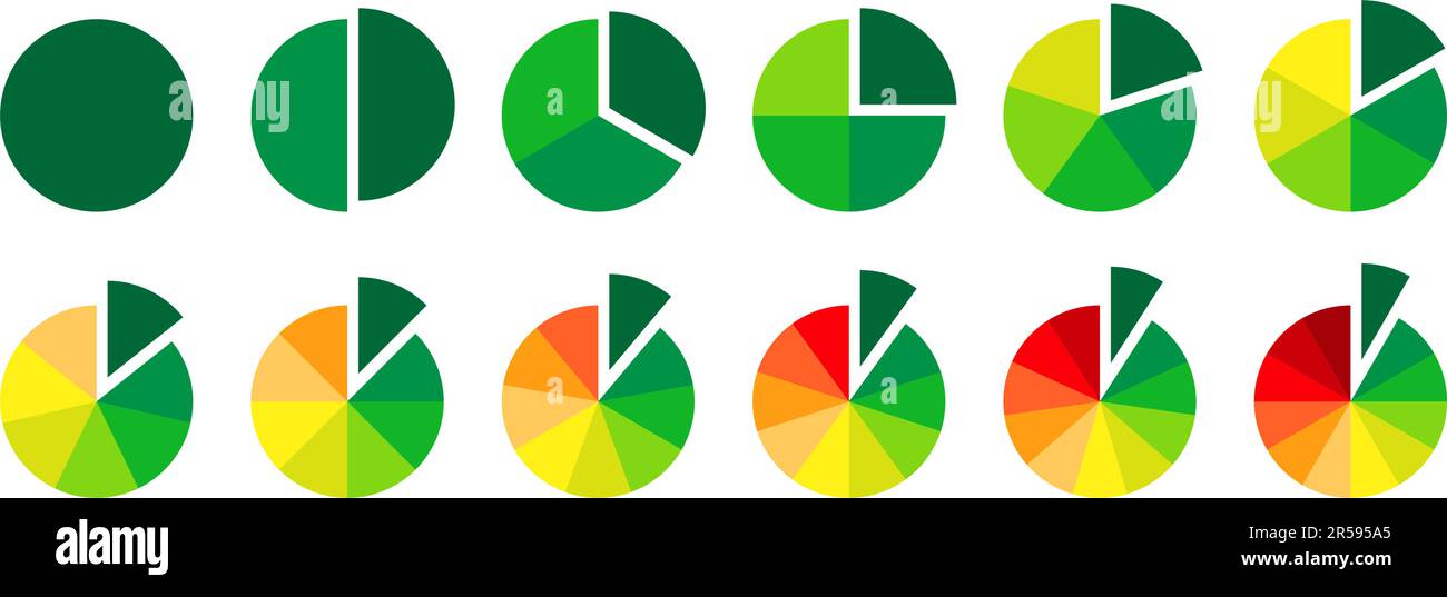 Kollektion mit mehrfarbigen Kreisabschnitten. Tortendiagramme in Fortschrittsfarben. Infografik - Runde Elemente festgelegt. Packung mit 1 bis 12 Schichten und Sektoren. Prozessphasen und Zyklusphasen. Vektor Stock Vektor