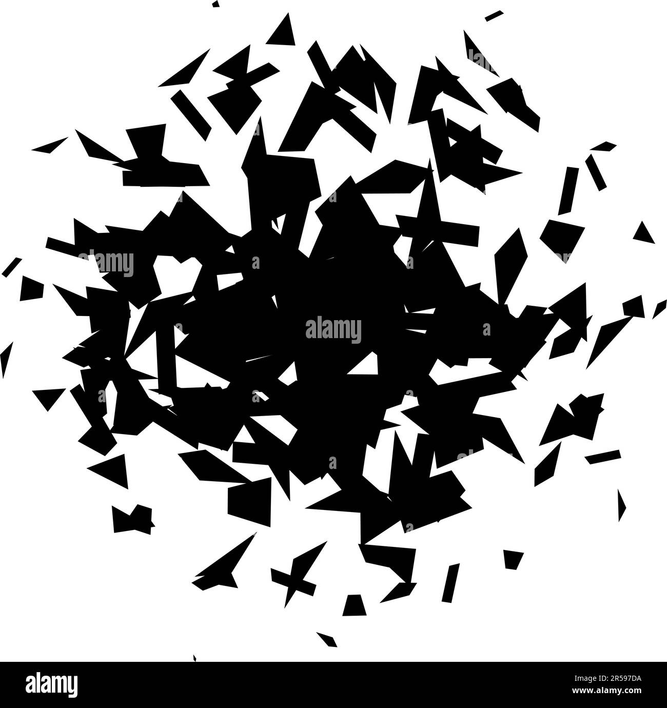 Schutt und Sprünge in radialer Form. Schwarze Bruchteile, Flecken, Flecken und Partikel. Abstrakte Explosion und geplatztes Texturelement. Vektordarstellung Stock Vektor