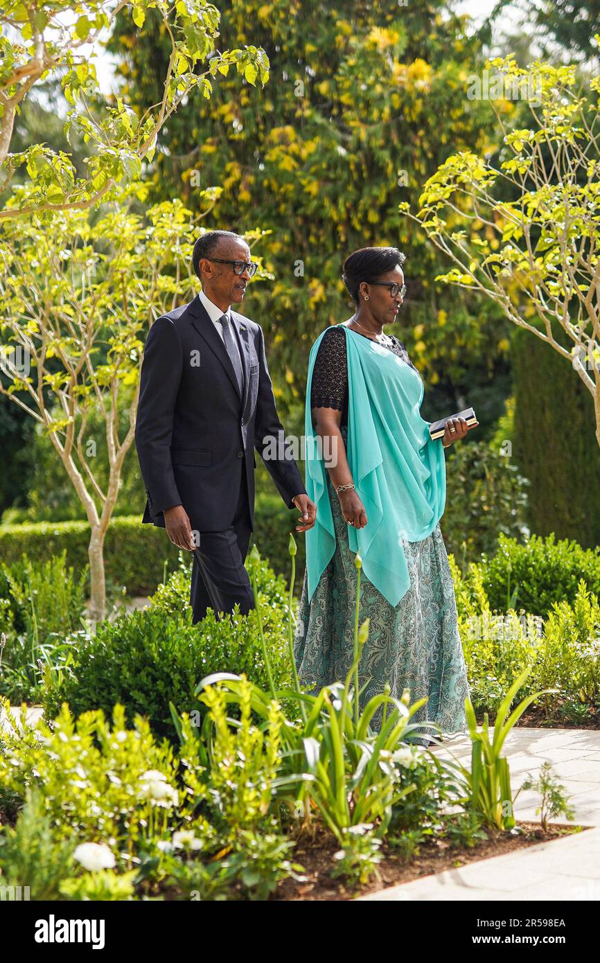 Amman, Jordanien. 01. Juni 2023. Präsident Paul Kagame und Frau Jeannette nehmen am 1. Juni 2023 an der königlichen Hochzeit des jordanischen Kronprinzen Al Hussein bin Abdullah II. Im Zahran-Palast in Amman, Jordanien, Teil. Foto: Balkis Press/ABACAPRESS.COM Kredit: Abaca Press/Alamy Live News Stockfoto