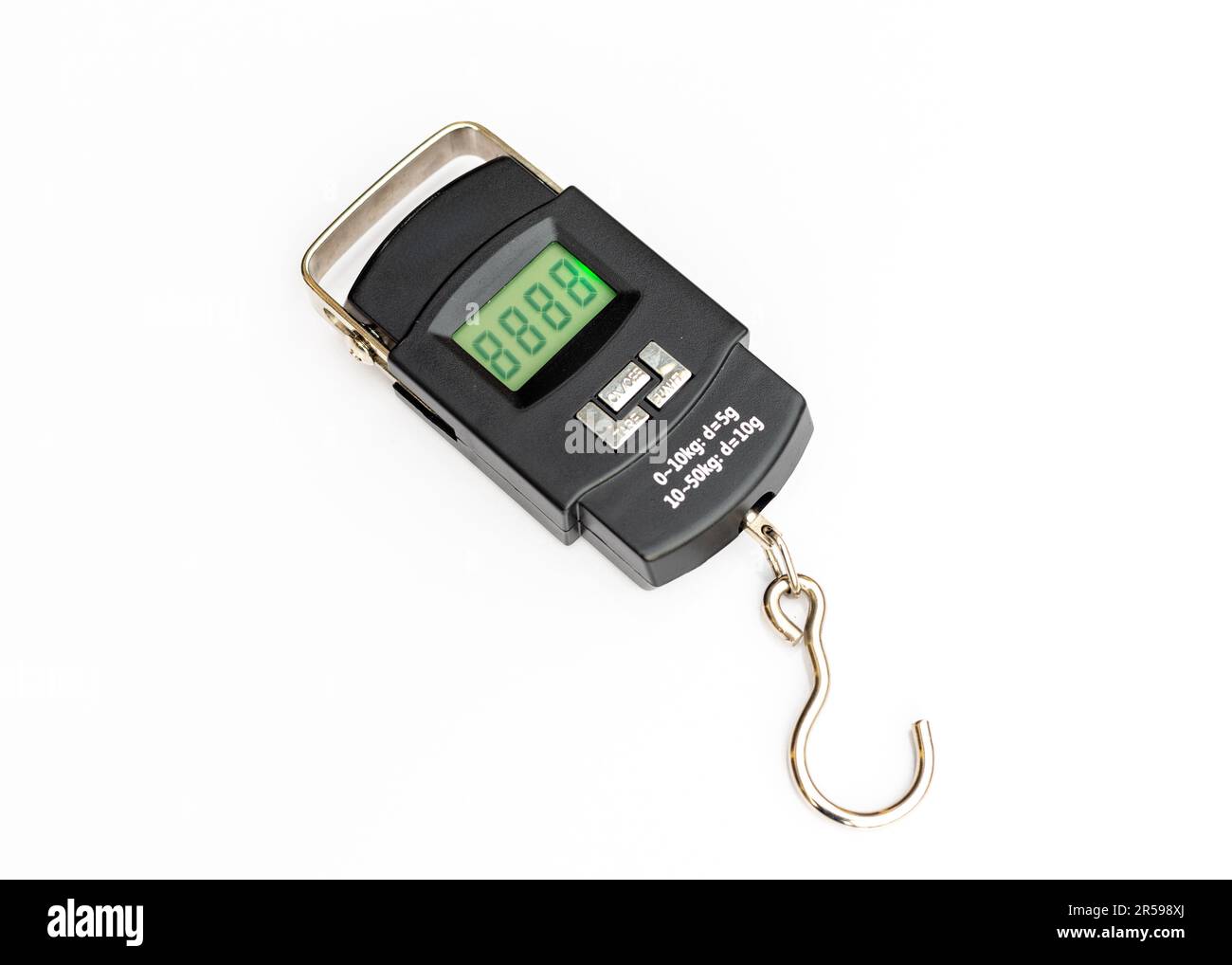 Tragbare digitale Hook-Waage mit isolierter LED-Anzeige auf weißem Hintergrund. Stockfoto