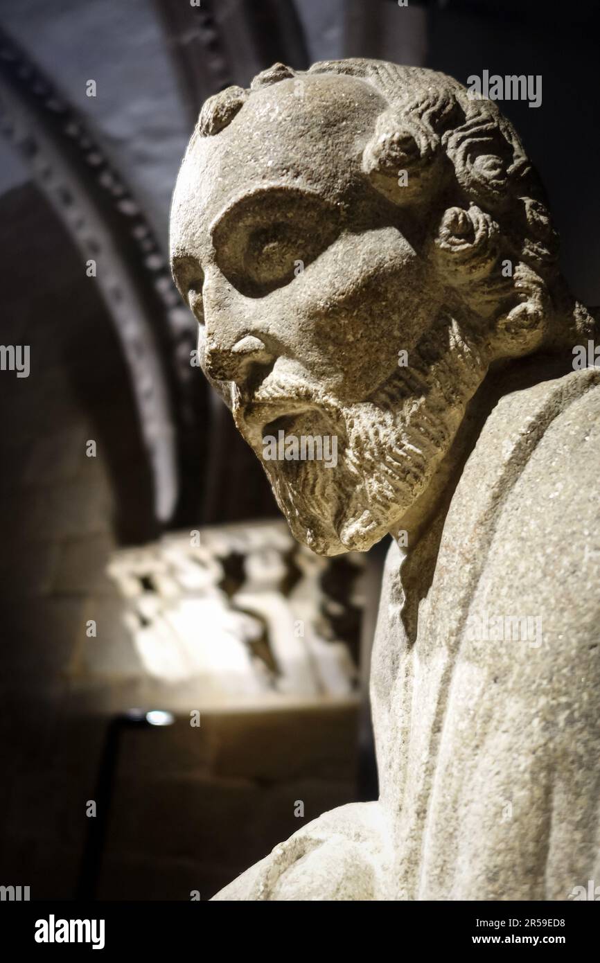 Meister mateo Statue Detail in der Kathedrale von Santiago de Compostela, Galizien, Spanien Stockfoto