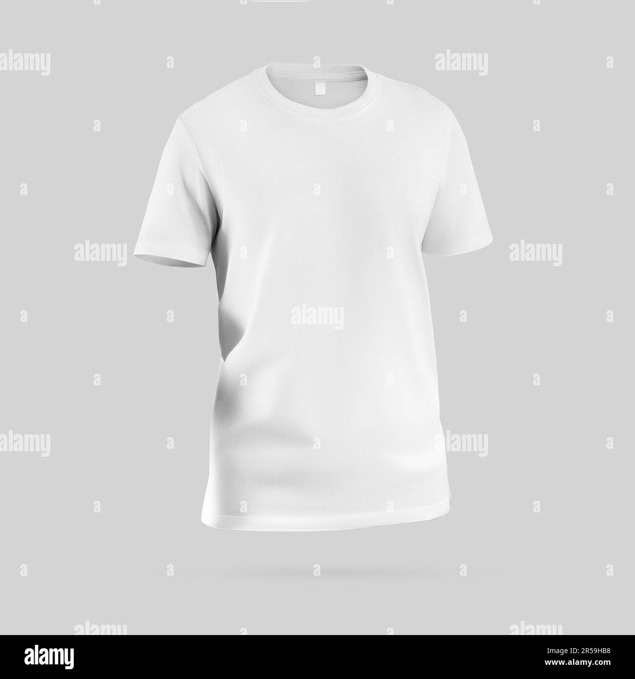 Modisches weißes T-Shirt Template 3D-Rendering, Herrenbekleidung mit Label, Rundhalsausschnitt, für Design, Aufdruck, Marke. Modisches Hemdmodell isoliert auf Backgro Stockfoto