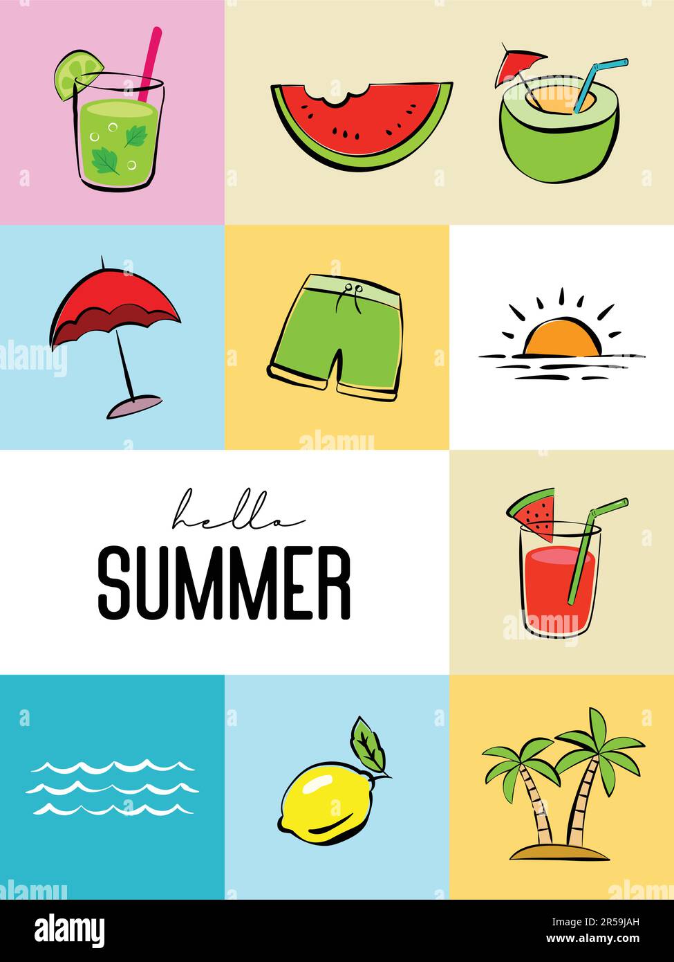 Hallo Sommer mit Hintergrunddekoration für Objektelemente. Stock Vektor